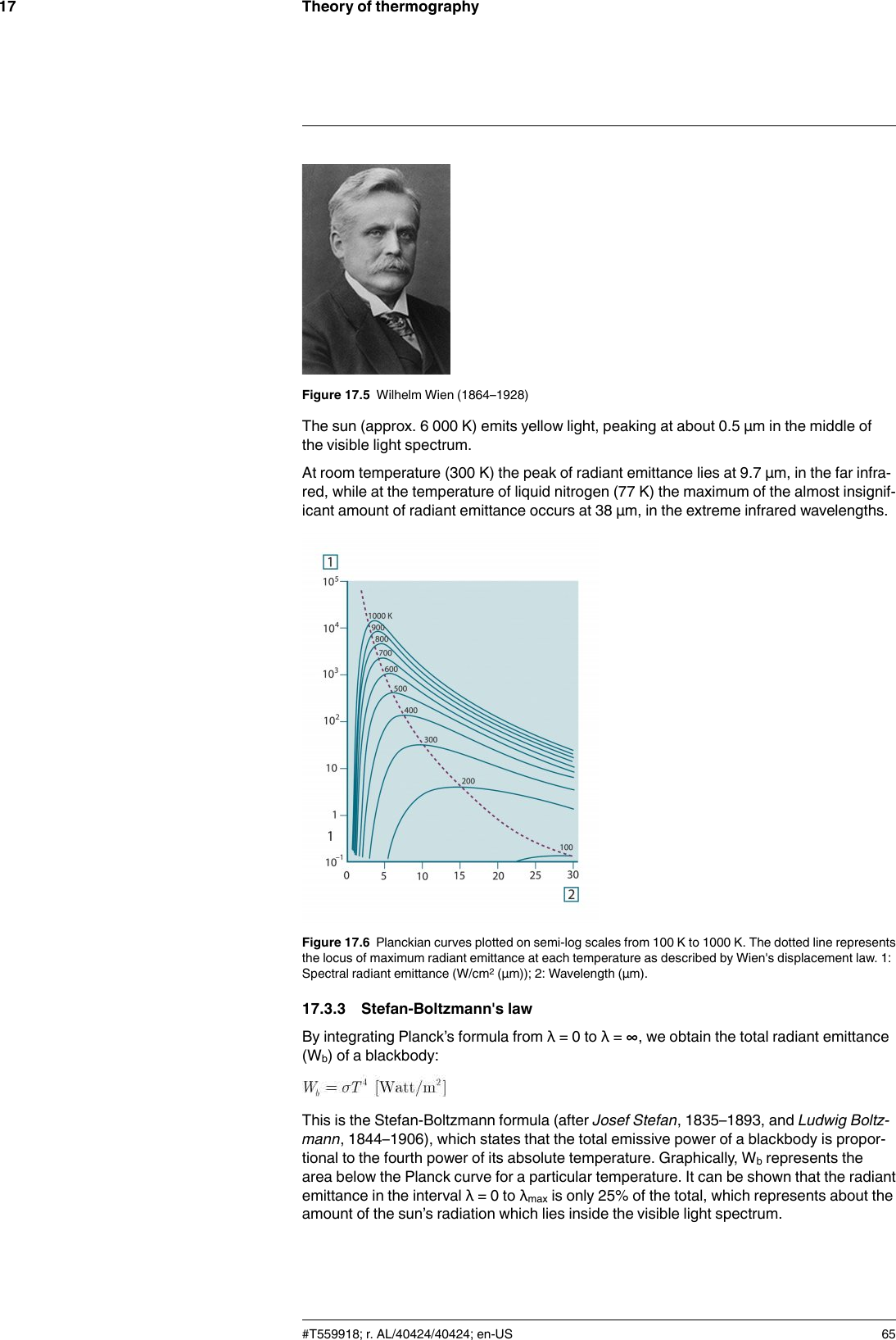 Theory of thermography17Figure 17.5 Wilhelm Wien (1864–1928)The sun (approx. 6 000 K) emits yellow light, peaking at about 0.5 μm in the middle ofthe visible light spectrum.At room temperature (300 K) the peak of radiant emittance lies at 9.7 μm, in the far infra-red, while at the temperature of liquid nitrogen (77 K) the maximum of the almost insignif-icant amount of radiant emittance occurs at 38 μm, in the extreme infrared wavelengths.Figure 17.6 Planckian curves plotted on semi-log scales from 100 K to 1000 K. The dotted line representsthe locus of maximum radiant emittance at each temperature as described by Wien&apos;s displacement law. 1:Spectral radiant emittance (W/cm2(μm)); 2: Wavelength (μm).17.3.3 Stefan-Boltzmann&apos;s lawBy integrating Planck’s formula from λ = 0 to λ = ∞, we obtain the total radiant emittance(Wb) of a blackbody:This is the Stefan-Boltzmann formula (after Josef Stefan, 1835–1893, and Ludwig Boltz-mann, 1844–1906), which states that the total emissive power of a blackbody is propor-tional to the fourth power of its absolute temperature. Graphically, Wbrepresents thearea below the Planck curve for a particular temperature. It can be shown that the radiantemittance in the interval λ = 0 to λmax is only 25% of the total, which represents about theamount of the sun’s radiation which lies inside the visible light spectrum.#T559918; r. AL/40424/40424; en-US 65