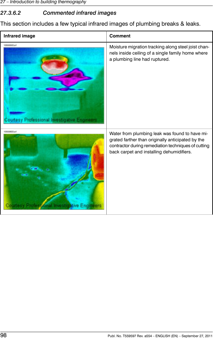 27.3.6.2 Commented infrared imagesThis section includes a few typical infrared images of plumbing breaks &amp; leaks.CommentInfrared imageMoisture migration tracking along steel joist chan-nels inside ceiling of a single family home wherea plumbing line had ruptured.10555503;a1Water from plumbing leak was found to have mi-grated farther than originally anticipated by thecontractor during remediation techniques of cuttingback carpet and installing dehumidifiers.10555603;a198 Publ. No. T559597 Rev. a554 – ENGLISH (EN) – September 27, 201127 – Introduction to building thermography