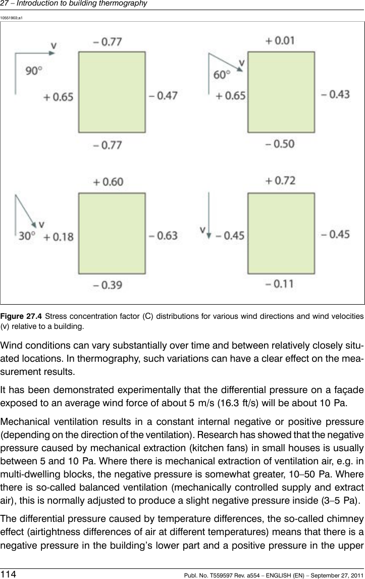 10551903;a1Figure 27.4 Stress concentration factor (C) distributions for various wind directions and wind velocities(v) relative to a building.Wind conditions can vary substantially over time and between relatively closely situ-ated locations. In thermography, such variations can have a clear effect on the mea-surement results.It has been demonstrated experimentally that the differential pressure on a façadeexposed to an average wind force of about 5 m/s (16.3 ft/s) will be about 10 Pa.Mechanical ventilation results in a constant internal negative or positive pressure(depending on the direction of the ventilation). Research has showed that the negativepressure caused by mechanical extraction (kitchen fans) in small houses is usuallybetween 5 and 10 Pa. Where there is mechanical extraction of ventilation air, e.g. inmulti-dwelling blocks, the negative pressure is somewhat greater, 10–50 Pa. Wherethere is so-called balanced ventilation (mechanically controlled supply and extractair), this is normally adjusted to produce a slight negative pressure inside (3–5 Pa).The differential pressure caused by temperature differences, the so-called chimneyeffect (airtightness differences of air at different temperatures) means that there is anegative pressure in the building’s lower part and a positive pressure in the upper114 Publ. No. T559597 Rev. a554 – ENGLISH (EN) – September 27, 201127 – Introduction to building thermography