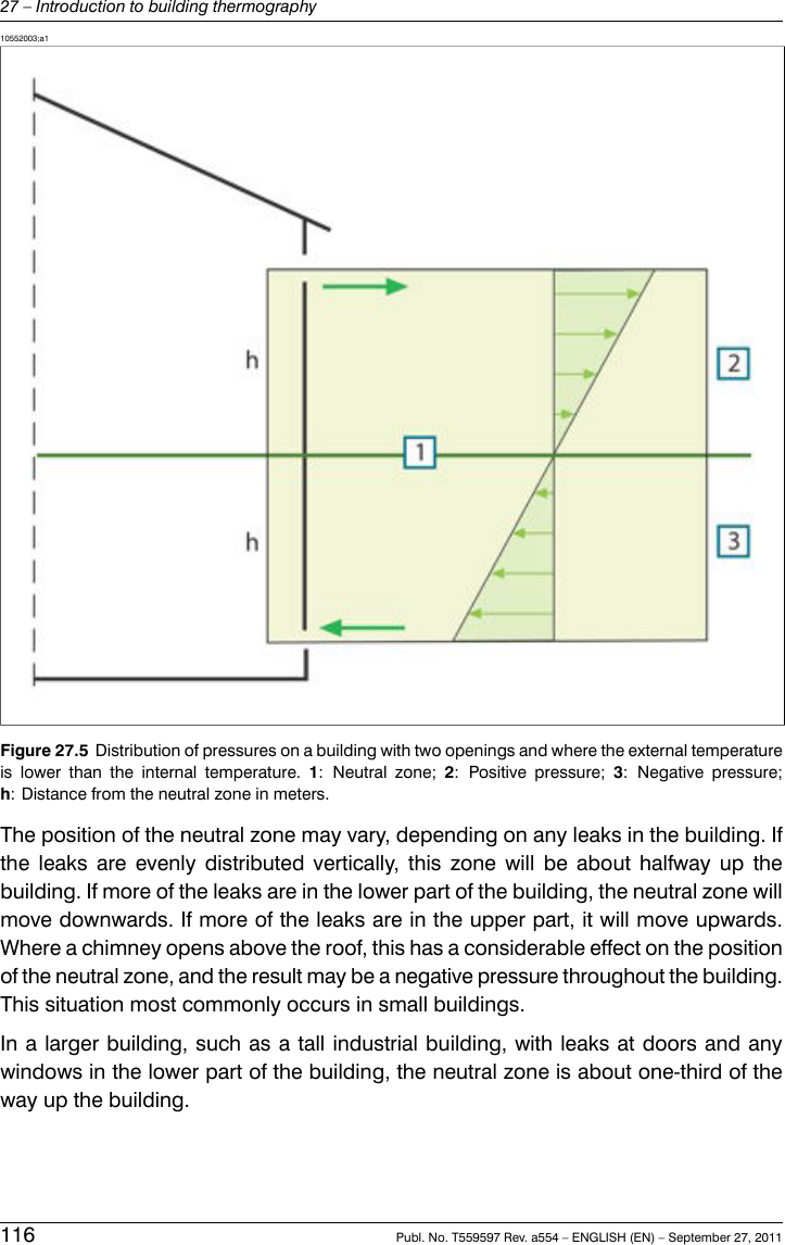 10552003;a1Figure 27.5 Distribution of pressures on a building with two openings and where the external temperatureis lower than the internal temperature. 1: Neutral zone; 2: Positive pressure; 3: Negative pressure;h: Distance from the neutral zone in meters.The position of the neutral zone may vary, depending on any leaks in the building. Ifthe leaks are evenly distributed vertically, this zone will be about halfway up thebuilding. If more of the leaks are in the lower part of the building, the neutral zone willmove downwards. If more of the leaks are in the upper part, it will move upwards.Where a chimney opens above the roof, this has a considerable effect on the positionof the neutral zone, and the result may be a negative pressure throughout the building.This situation most commonly occurs in small buildings.In a larger building, such as a tall industrial building, with leaks at doors and anywindows in the lower part of the building, the neutral zone is about one-third of theway up the building.116 Publ. No. T559597 Rev. a554 – ENGLISH (EN) – September 27, 201127 – Introduction to building thermography