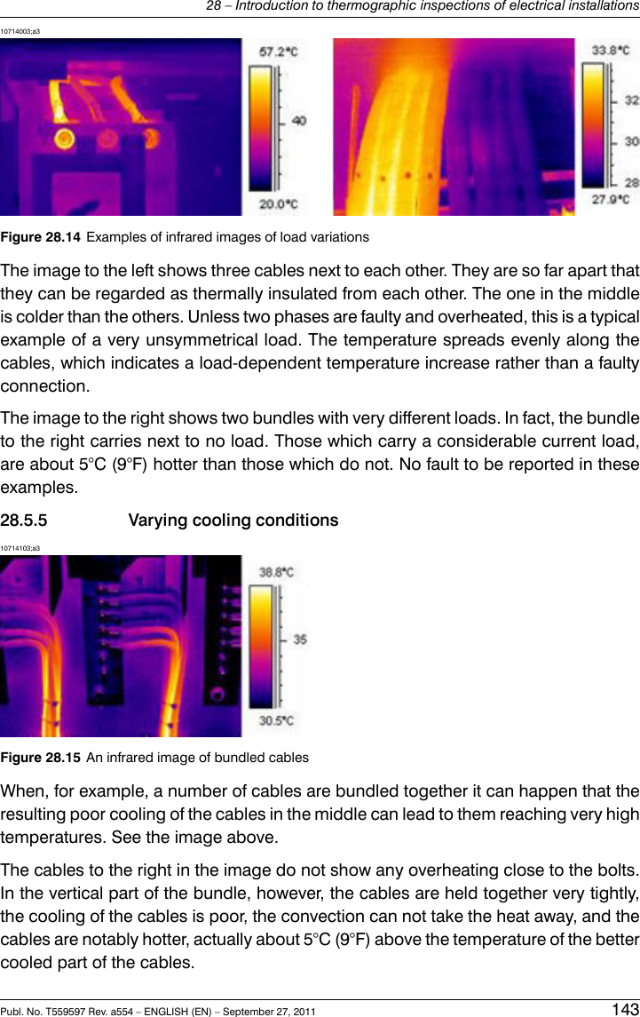 10714003;a3Figure 28.14 Examples of infrared images of load variationsThe image to the left shows three cables next to each other. They are so far apart thatthey can be regarded as thermally insulated from each other. The one in the middleis colder than the others. Unless two phases are faulty and overheated, this is a typicalexample of a very unsymmetrical load. The temperature spreads evenly along thecables, which indicates a load-dependent temperature increase rather than a faultyconnection.The image to the right shows two bundles with very different loads. In fact, the bundleto the right carries next to no load. Those which carry a considerable current load,are about 5°C (9°F) hotter than those which do not. No fault to be reported in theseexamples.28.5.5 Varying cooling conditions10714103;a3Figure 28.15 An infrared image of bundled cablesWhen, for example, a number of cables are bundled together it can happen that theresulting poor cooling of the cables in the middle can lead to them reaching very hightemperatures. See the image above.The cables to the right in the image do not show any overheating close to the bolts.In the vertical part of the bundle, however, the cables are held together very tightly,the cooling of the cables is poor, the convection can not take the heat away, and thecables are notably hotter, actually about 5°C (9°F) above the temperature of the bettercooled part of the cables.Publ. No. T559597 Rev. a554 – ENGLISH (EN) – September 27, 2011 14328 – Introduction to thermographic inspections of electrical installations