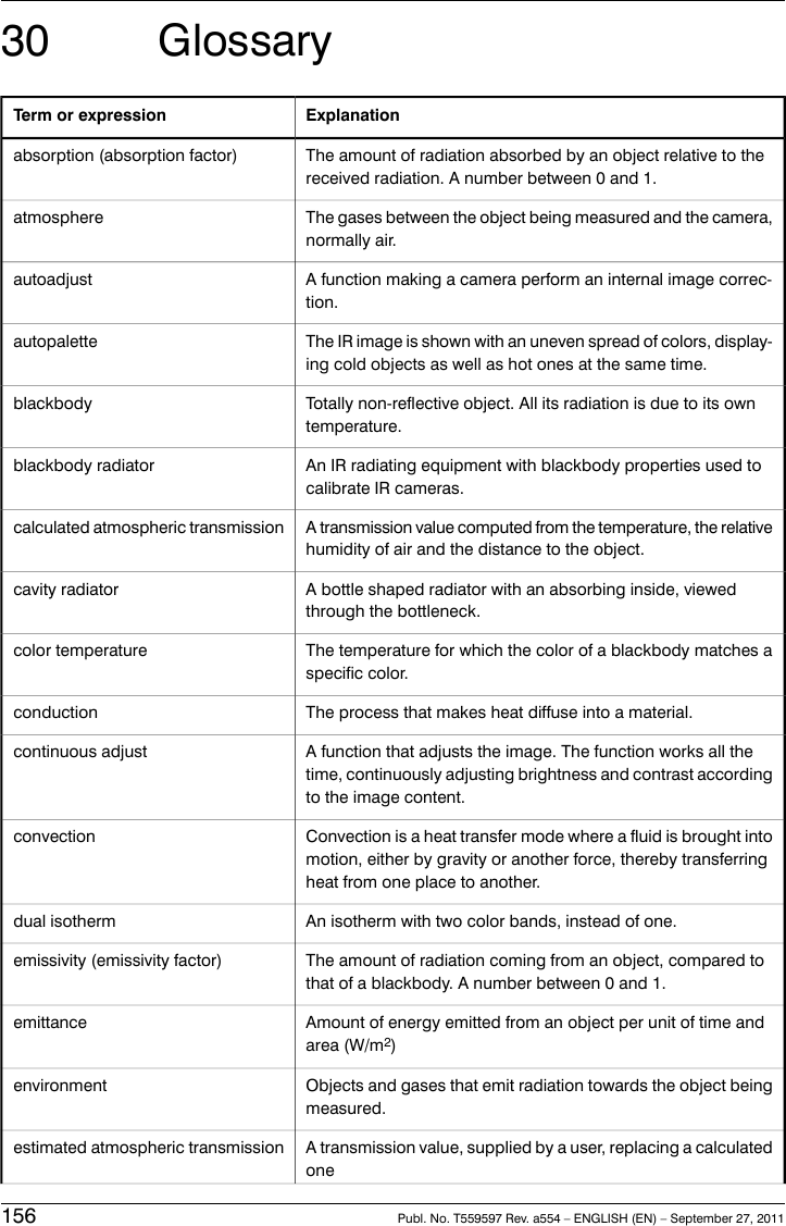 30 GlossaryExplanationTerm or expressionThe amount of radiation absorbed by an object relative to thereceived radiation. A number between 0 and 1.absorption (absorption factor)The gases between the object being measured and the camera,normally air.atmosphereA function making a camera perform an internal image correc-tion.autoadjustThe IR image is shown with an uneven spread of colors, display-ing cold objects as well as hot ones at the same time.autopaletteTotally non-reflective object. All its radiation is due to its owntemperature.blackbodyAn IR radiating equipment with blackbody properties used tocalibrate IR cameras.blackbody radiatorA transmission value computed from the temperature, the relativehumidity of air and the distance to the object.calculated atmospheric transmissionA bottle shaped radiator with an absorbing inside, viewedthrough the bottleneck.cavity radiatorThe temperature for which the color of a blackbody matches aspecific color.color temperatureThe process that makes heat diffuse into a material.conductionA function that adjusts the image. The function works all thetime, continuously adjusting brightness and contrast accordingto the image content.continuous adjustConvection is a heat transfer mode where a fluid is brought intomotion, either by gravity or another force, thereby transferringheat from one place to another.convectionAn isotherm with two color bands, instead of one.dual isothermThe amount of radiation coming from an object, compared tothat of a blackbody. A number between 0 and 1.emissivity (emissivity factor)Amount of energy emitted from an object per unit of time andarea (W/m2)emittanceObjects and gases that emit radiation towards the object beingmeasured.environmentA transmission value, supplied by a user, replacing a calculatedoneestimated atmospheric transmission156 Publ. No. T559597 Rev. a554 – ENGLISH (EN) – September 27, 2011