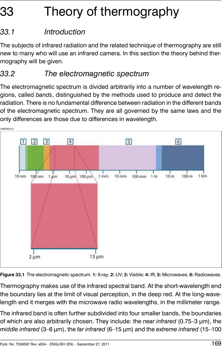 33 Theory of thermography33.1 IntroductionThe subjects of infrared radiation and the related technique of thermography are stillnew to many who will use an infrared camera. In this section the theory behind ther-mography will be given.33.2 The electromagnetic spectrumThe electromagnetic spectrum is divided arbitrarily into a number of wavelength re-gions, called bands, distinguished by the methods used to produce and detect theradiation. There is no fundamental difference between radiation in the different bandsof the electromagnetic spectrum. They are all governed by the same laws and theonly differences are those due to differences in wavelength.10067803;a1Figure 33.1 The electromagnetic spectrum. 1: X-ray; 2: UV; 3: Visible; 4: IR; 5: Microwaves; 6: Radiowaves.Thermography makes use of the infrared spectral band. At the short-wavelength endthe boundary lies at the limit of visual perception, in the deep red. At the long-wave-length end it merges with the microwave radio wavelengths, in the millimeter range.The infrared band is often further subdivided into four smaller bands, the boundariesof which are also arbitrarily chosen. They include: the near infrared (0.75–3 μm), themiddle infrared (3–6 μm), the far infrared (6–15 μm) and the extreme infrared (15–100Publ. No. T559597 Rev. a554 – ENGLISH (EN) – September 27, 2011 169