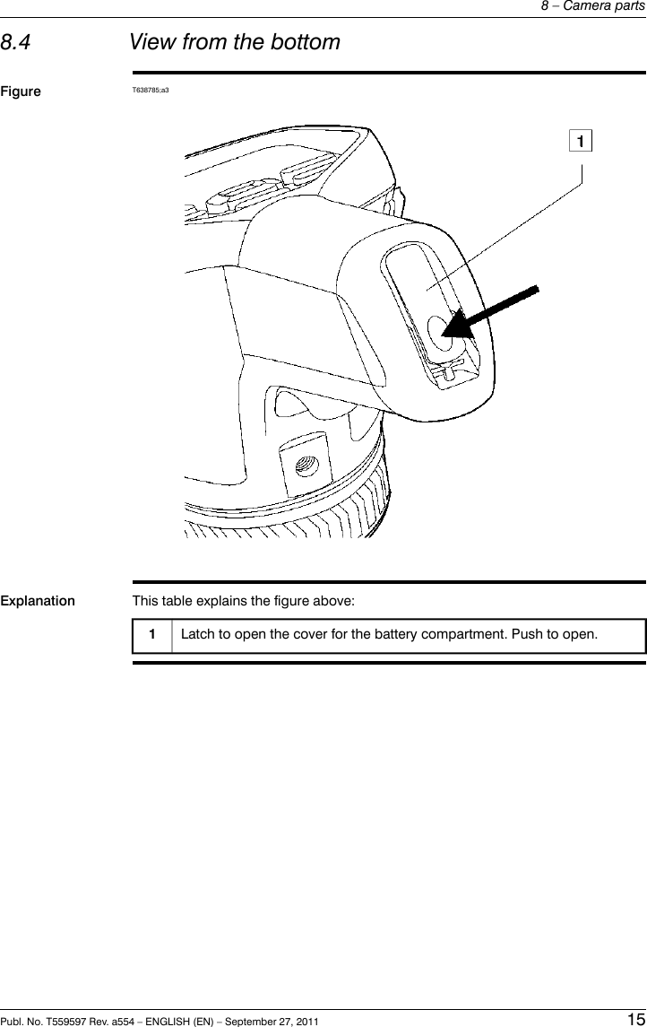 8.4 View from the bottomFigure T638785;a3Explanation This table explains the figure above:Latch to open the cover for the battery compartment. Push to open.1Publ. No. T559597 Rev. a554 – ENGLISH (EN) – September 27, 2011 158 – Camera parts