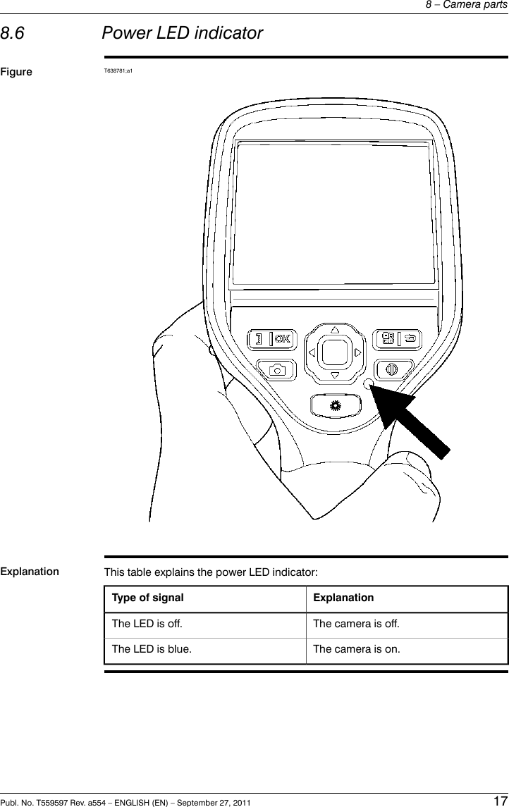 8.6 Power LED indicatorFigure T638781;a1Explanation This table explains the power LED indicator:ExplanationType of signalThe camera is off.The LED is off.The camera is on.The LED is blue.Publ. No. T559597 Rev. a554 – ENGLISH (EN) – September 27, 2011 178 – Camera parts