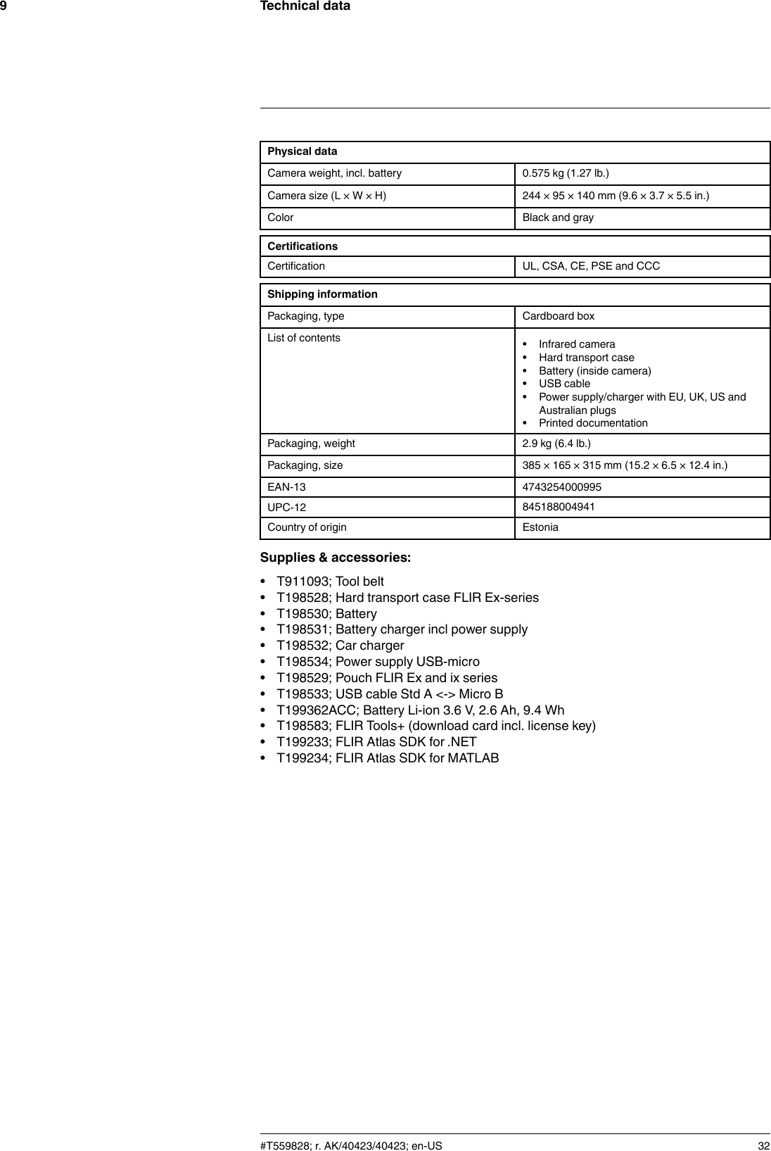 Technical data9Physical dataCamera weight, incl. battery 0.575 kg (1.27 lb.)Camera size (L × W × H) 244 × 95 × 140 mm (9.6 × 3.7 × 5.5 in.)Color Black and grayCertificationsCertification UL, CSA, CE, PSE and CCCShipping informationPackaging, type Cardboard boxList of contents • Infrared camera• Hard transport case• Battery (inside camera)• USB cable• Power supply/charger with EU, UK, US andAustralian plugs• Printed documentationPackaging, weight 2.9 kg (6.4 lb.)Packaging, size 385 × 165 × 315 mm (15.2 × 6.5 × 12.4 in.)EAN-13 4743254000995UPC-12 845188004941Country of origin EstoniaSupplies &amp; accessories:• T911093; Tool belt• T198528; Hard transport case FLIR Ex-series• T198530; Battery• T198531; Battery charger incl power supply• T198532; Car charger• T198534; Power supply USB-micro• T198529; Pouch FLIR Ex and ix series• T198533; USB cable Std A &lt;-&gt; Micro B• T199362ACC; Battery Li-ion 3.6 V, 2.6 Ah, 9.4 Wh• T198583; FLIR Tools+ (download card incl. license key)• T199233; FLIR Atlas SDK for .NET• T199234; FLIR Atlas SDK for MATLAB#T559828; r. AK/40423/40423; en-US 32