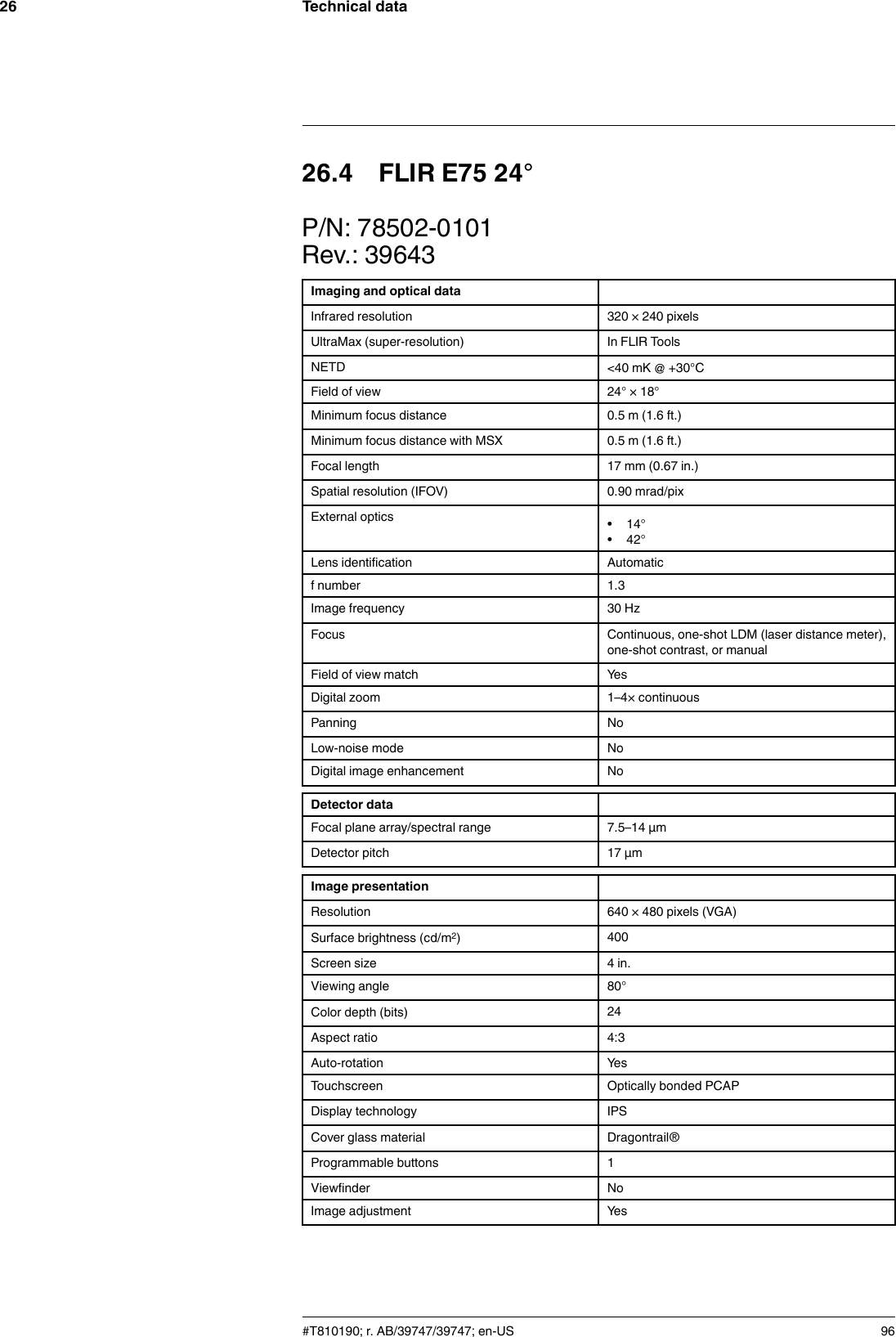 Technical data2626.4 FLIR E75 24°P/N: 78502-0101Rev.: 39643Imaging and optical dataInfrared resolution 320 × 240 pixelsUltraMax (super-resolution) In FLIR ToolsNETD &lt;40 mK @ +30°CField of view 24° × 18°Minimum focus distance 0.5 m (1.6 ft.)Minimum focus distance with MSX 0.5 m (1.6 ft.)Focal length 17 mm (0.67 in.)Spatial resolution (IFOV) 0.90 mrad/pixExternal optics • 14°• 42°Lens identification Automaticf number 1.3Image frequency 30 HzFocus Continuous, one-shot LDM (laser distance meter),one-shot contrast, or manualField of view match YesDigital zoom 1–4× continuousPanning NoLow-noise mode NoDigital image enhancement NoDetector dataFocal plane array/spectral range 7.5–14 µmDetector pitch 17 µmImage presentationResolution 640 × 480 pixels (VGA)Surface brightness (cd/m2)400Screen size 4 in.Viewing angle 80°Color depth (bits) 24Aspect ratio 4:3Auto-rotation YesTouchscreen Optically bonded PCAPDisplay technology IPSCover glass material Dragontrail®Programmable buttons 1Viewfinder NoImage adjustment Yes#T810190; r. AB/39747/39747; en-US 96