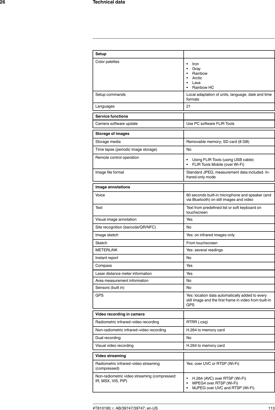 Technical data26SetupColor palettes • Iron• Gray• Rainbow• Arctic• Lava• Rainbow HCSetup commands Local adaptation of units, language, date and timeformatsLanguages 21Service functionsCamera software update Use PC software FLIR ToolsStorage of imagesStorage media Removable memory; SD card (8 GB)Time lapse (periodic image storage) NoRemote control operation • Using FLIR Tools (using USB cable)• FLIR Tools Mobile (over Wi-Fi)Image file format Standard JPEG, measurement data included. In-frared-only modeImage annotationsVoice 60 seconds built-in microphone and speaker (andvia Bluetooth) on still images and videoText Text from predefined list or soft keyboard ontouchscreenVisual image annotation YesSite recognition (barcode/QR/NFC) NoImage sketch Yes: on infrared images onlySketch From touchscreenMETERLiNK Yes: several readingsInstant report NoCompass YesLaser distance meter information YesArea measurement information NoSensors (built in) NoGPS Yes: location data automatically added to everystill image and the first frame in video from built-inGPSVideo recording in cameraRadiometric infrared–video recording RTRR (.csq)Non-radiometric infrared–video recording H.264 to memory cardDual recording NoVisual video recording H.264 to memory cardVideo streamingRadiometric infrared–video streaming(compressed)Yes: over UVC or RTSP (Wi-Fi)Non-radiometric video streaming (compressed:IR, MSX, VIS, PIP) • H.264 (AVC) over RTSP (Wi-Fi)• MPEG4 over RTSP (Wi-Fi)• MJPEG over UVC and RTSP (Wi-Fi)#T810190; r. AB/39747/39747; en-US 113