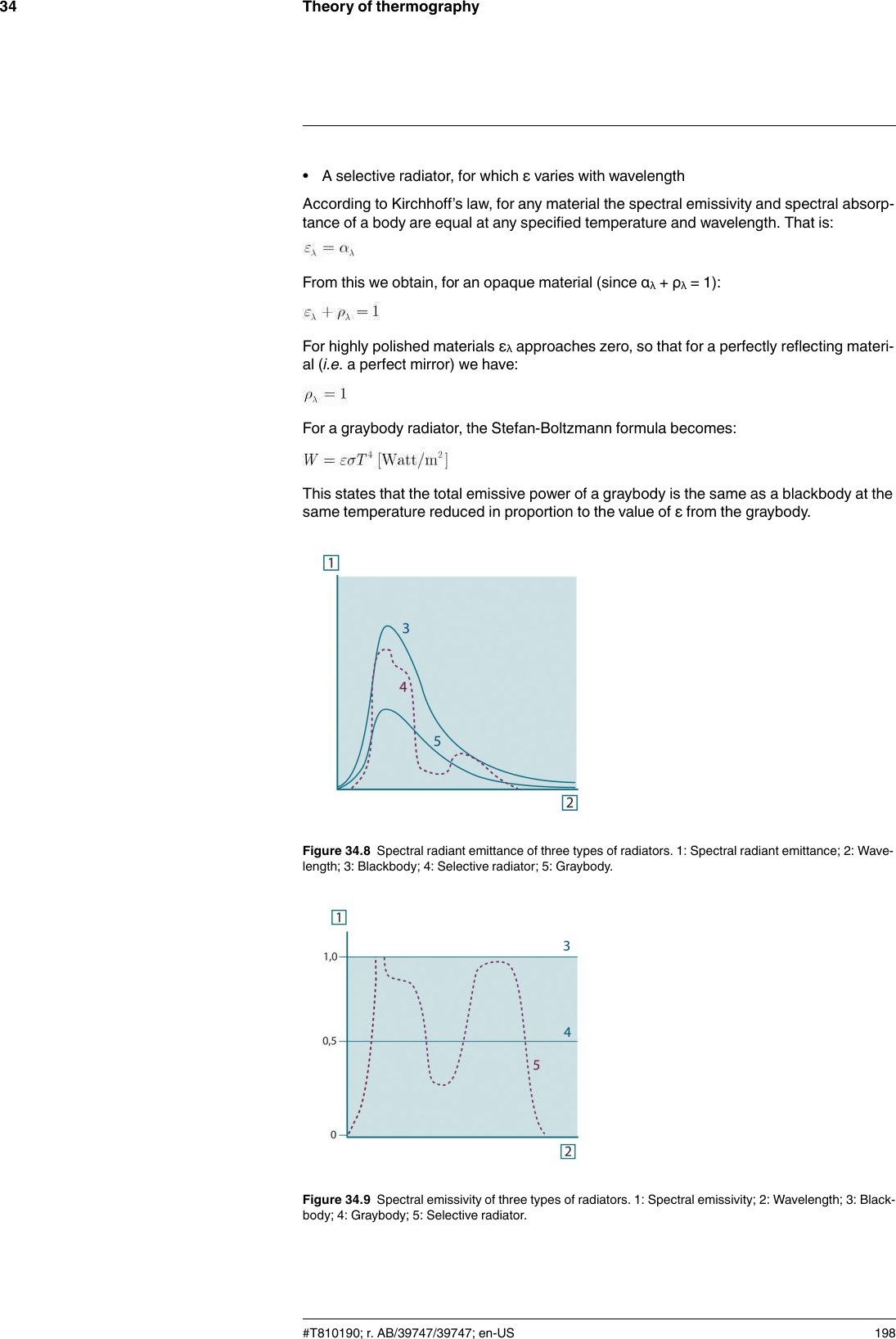 Theory of thermography34• A selective radiator, for which ε varies with wavelengthAccording to Kirchhoff’s law, for any material the spectral emissivity and spectral absorp-tance of a body are equal at any specified temperature and wavelength. That is:From this we obtain, for an opaque material (since αλ+ ρλ= 1):For highly polished materials ελapproaches zero, so that for a perfectly reflecting materi-al (i.e. a perfect mirror) we have:For a graybody radiator, the Stefan-Boltzmann formula becomes:This states that the total emissive power of a graybody is the same as a blackbody at thesame temperature reduced in proportion to the value of ε from the graybody.Figure 34.8 Spectral radiant emittance of three types of radiators. 1: Spectral radiant emittance; 2: Wave-length; 3: Blackbody; 4: Selective radiator; 5: Graybody.Figure 34.9 Spectral emissivity of three types of radiators. 1: Spectral emissivity; 2: Wavelength; 3: Black-body; 4: Graybody; 5: Selective radiator.#T810190; r. AB/39747/39747; en-US 198