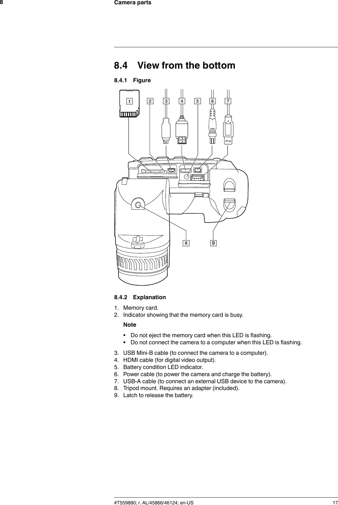 Camera parts88.4 View from the bottom8.4.1 Figure8.4.2 Explanation1. Memory card.2. Indicator showing that the memory card is busy.Note• Do not eject the memory card when this LED is flashing.• Do not connect the camera to a computer when this LED is flashing.3. USB Mini-B cable (to connect the camera to a computer).4. HDMI cable (for digital video output).5. Battery condition LED indicator.6. Power cable (to power the camera and charge the battery).7. USB-A cable (to connect an external USB device to the camera).8. Tripod mount. Requires an adapter (included).9. Latch to release the battery.#T559880; r. AL/45866/46124; en-US 17