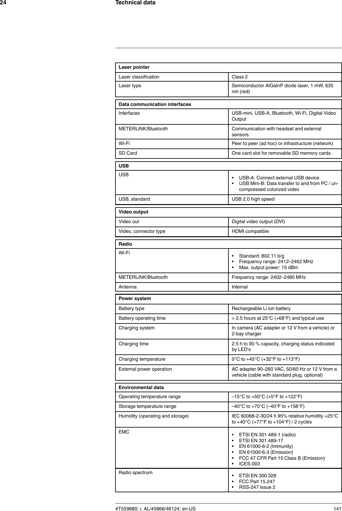 Technical data24Laser pointerLaser classification Class 2Laser type Semiconductor AlGaInP diode laser, 1 mW, 635nm (red)Data communication interfacesInterfaces USB-mini, USB-A, Bluetooth, Wi-Fi, Digital VideoOutputMETERLiNK/Bluetooth Communication with headset and externalsensorsWi-Fi Peer to peer (ad hoc) or infrastructure (network)SD Card One card slot for removable SD memory cardsUSBUSB • USB-A: Connect external USB device• USB Mini-B: Data transfer to and from PC / un-compressed colorized videoUSB, standard USB 2.0 high speedVideo outputVideo out Digital video output (DVI)Video, connector type HDMI compatibleRadioWi-Fi • Standard: 802.11 b/g• Frequency range: 2412–2462 MHz• Max. output power: 15 dBmMETERLiNK/Bluetooth Frequency range: 2402–2480 MHzAntenna InternalPower systemBattery type Rechargeable Li ion batteryBattery operating time &gt; 2.5 hours at 25°C (+68°F) and typical useCharging system In camera (AC adapter or 12 V from a vehicle) or2-bay chargerCharging time 2.5 h to 90 % capacity, charging status indicatedby LED&apos;sCharging temperature 0°C to +45°C (+32°F to +113°F)External power operation AC adapter 90–260 VAC, 50/60 Hz or 12 V from avehicle (cable with standard plug, optional)Environmental dataOperating temperature range –15°C to +50°C (+5°F to +122°F)Storage temperature range –40°C to +70°C (–40°F to +158°F)Humidity (operating and storage) IEC 60068-2-30/24 h 95% relative humidity +25°Cto +40°C (+77°F to +104°F) / 2 cyclesEMC • ETSI EN 301 489-1 (radio)• ETSI EN 301 489-17• EN 61000-6-2 (Immunity)• EN 61000-6-3 (Emission)• FCC 47 CFR Part 15 Class B (Emission)• ICES-003Radio spectrum • ETSI EN 300 328• FCC Part 15.247• RSS-247 Issue 2#T559880; r. AL/45866/46124; en-US 141