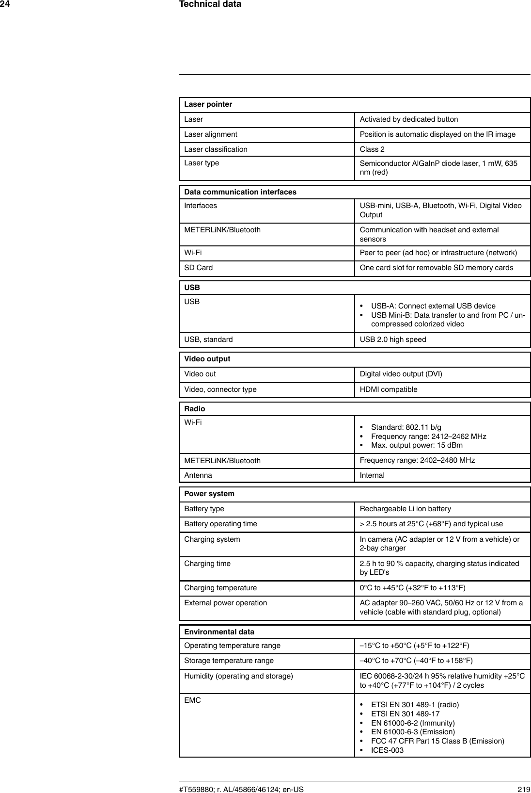 Technical data24Laser pointerLaser Activated by dedicated buttonLaser alignment Position is automatic displayed on the IR imageLaser classification Class 2Laser type Semiconductor AlGaInP diode laser, 1 mW, 635nm (red)Data communication interfacesInterfaces USB-mini, USB-A, Bluetooth, Wi-Fi, Digital VideoOutputMETERLiNK/Bluetooth Communication with headset and externalsensorsWi-Fi Peer to peer (ad hoc) or infrastructure (network)SD Card One card slot for removable SD memory cardsUSBUSB • USB-A: Connect external USB device• USB Mini-B: Data transfer to and from PC / un-compressed colorized videoUSB, standard USB 2.0 high speedVideo outputVideo out Digital video output (DVI)Video, connector type HDMI compatibleRadioWi-Fi • Standard: 802.11 b/g• Frequency range: 2412–2462 MHz• Max. output power: 15 dBmMETERLiNK/Bluetooth Frequency range: 2402–2480 MHzAntenna InternalPower systemBattery type Rechargeable Li ion batteryBattery operating time &gt; 2.5 hours at 25°C (+68°F) and typical useCharging system In camera (AC adapter or 12 V from a vehicle) or2-bay chargerCharging time 2.5 h to 90 % capacity, charging status indicatedby LED&apos;sCharging temperature 0°C to +45°C (+32°F to +113°F)External power operation AC adapter 90–260 VAC, 50/60 Hz or 12 V from avehicle (cable with standard plug, optional)Environmental dataOperating temperature range –15°C to +50°C (+5°F to +122°F)Storage temperature range –40°C to +70°C (–40°F to +158°F)Humidity (operating and storage) IEC 60068-2-30/24 h 95% relative humidity +25°Cto +40°C (+77°F to +104°F) / 2 cyclesEMC • ETSI EN 301 489-1 (radio)• ETSI EN 301 489-17• EN 61000-6-2 (Immunity)• EN 61000-6-3 (Emission)• FCC 47 CFR Part 15 Class B (Emission)• ICES-003#T559880; r. AL/45866/46124; en-US 219