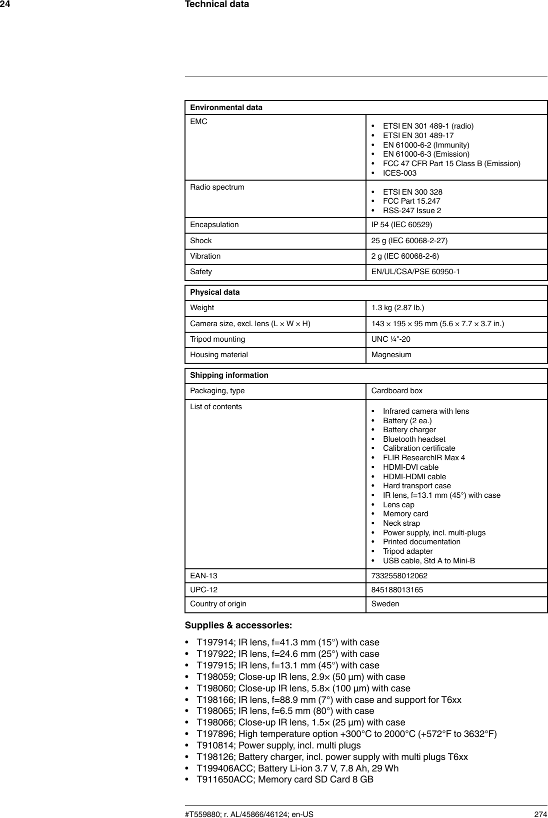 Technical data24Environmental dataEMC • ETSI EN 301 489-1 (radio)• ETSI EN 301 489-17• EN 61000-6-2 (Immunity)• EN 61000-6-3 (Emission)• FCC 47 CFR Part 15 Class B (Emission)• ICES-003Radio spectrum • ETSI EN 300 328• FCC Part 15.247• RSS-247 Issue 2Encapsulation IP 54 (IEC 60529)Shock 25 g (IEC 60068-2-27)Vibration 2 g (IEC 60068-2-6)Safety EN/UL/CSA/PSE 60950-1Physical dataWeight 1.3 kg (2.87 lb.)Camera size, excl. lens (L × W × H) 143 × 195 × 95 mm (5.6 × 7.7 × 3.7 in.)Tripod mounting UNC ¼&quot;-20Housing material MagnesiumShipping informationPackaging, type Cardboard boxList of contents • Infrared camera with lens• Battery (2 ea.)• Battery charger• Bluetooth headset• Calibration certificate• FLIR ResearchIR Max 4• HDMI-DVI cable• HDMI-HDMI cable• Hard transport case• IR lens, f=13.1 mm (45°) with case• Lens cap• Memory card• Neck strap• Power supply, incl. multi-plugs• Printed documentation• Tripod adapter• USB cable, Std A to Mini-BEAN-13 7332558012062UPC-12 845188013165Country of origin SwedenSupplies &amp; accessories:• T197914; IR lens, f=41.3 mm (15°) with case• T197922; IR lens, f=24.6 mm (25°) with case• T197915; IR lens, f=13.1 mm (45°) with case• T198059; Close-up IR lens, 2.9× (50 µm) with case• T198060; Close-up IR lens, 5.8× (100 µm) with case• T198166; IR lens, f=88.9 mm (7°) with case and support for T6xx• T198065; IR lens, f=6.5 mm (80°) with case• T198066; Close-up IR lens, 1.5× (25 µm) with case• T197896; High temperature option +300°C to 2000°C (+572°F to 3632°F)• T910814; Power supply, incl. multi plugs• T198126; Battery charger, incl. power supply with multi plugs T6xx• T199406ACC; Battery Li-ion 3.7 V, 7.8 Ah, 29 Wh• T911650ACC; Memory card SD Card 8 GB#T559880; r. AL/45866/46124; en-US 274