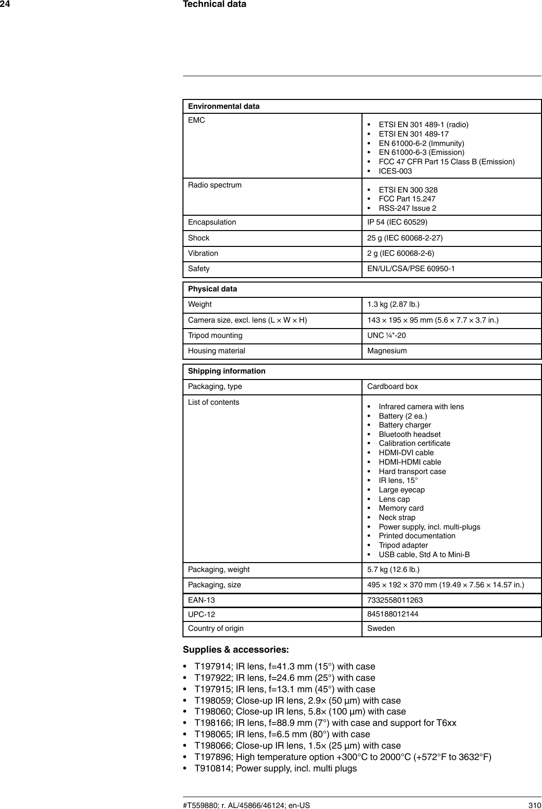 Technical data24Environmental dataEMC • ETSI EN 301 489-1 (radio)• ETSI EN 301 489-17• EN 61000-6-2 (Immunity)• EN 61000-6-3 (Emission)• FCC 47 CFR Part 15 Class B (Emission)• ICES-003Radio spectrum • ETSI EN 300 328• FCC Part 15.247• RSS-247 Issue 2Encapsulation IP 54 (IEC 60529)Shock 25 g (IEC 60068-2-27)Vibration 2 g (IEC 60068-2-6)Safety EN/UL/CSA/PSE 60950-1Physical dataWeight 1.3 kg (2.87 lb.)Camera size, excl. lens (L × W × H) 143 × 195 × 95 mm (5.6 × 7.7 × 3.7 in.)Tripod mounting UNC ¼&quot;-20Housing material MagnesiumShipping informationPackaging, type Cardboard boxList of contents • Infrared camera with lens• Battery (2 ea.)• Battery charger• Bluetooth headset• Calibration certificate• HDMI-DVI cable• HDMI-HDMI cable• Hard transport case• IR lens, 15°• Large eyecap• Lens cap• Memory card• Neck strap• Power supply, incl. multi-plugs• Printed documentation• Tripod adapter• USB cable, Std A to Mini-BPackaging, weight 5.7 kg (12.6 lb.)Packaging, size 495 × 192 × 370 mm (19.49 × 7.56 × 14.57 in.)EAN-13 7332558011263UPC-12 845188012144Country of origin SwedenSupplies &amp; accessories:• T197914; IR lens, f=41.3 mm (15°) with case• T197922; IR lens, f=24.6 mm (25°) with case• T197915; IR lens, f=13.1 mm (45°) with case• T198059; Close-up IR lens, 2.9× (50 µm) with case• T198060; Close-up IR lens, 5.8× (100 µm) with case• T198166; IR lens, f=88.9 mm (7°) with case and support for T6xx• T198065; IR lens, f=6.5 mm (80°) with case• T198066; Close-up IR lens, 1.5× (25 µm) with case• T197896; High temperature option +300°C to 2000°C (+572°F to 3632°F)• T910814; Power supply, incl. multi plugs#T559880; r. AL/45866/46124; en-US 310