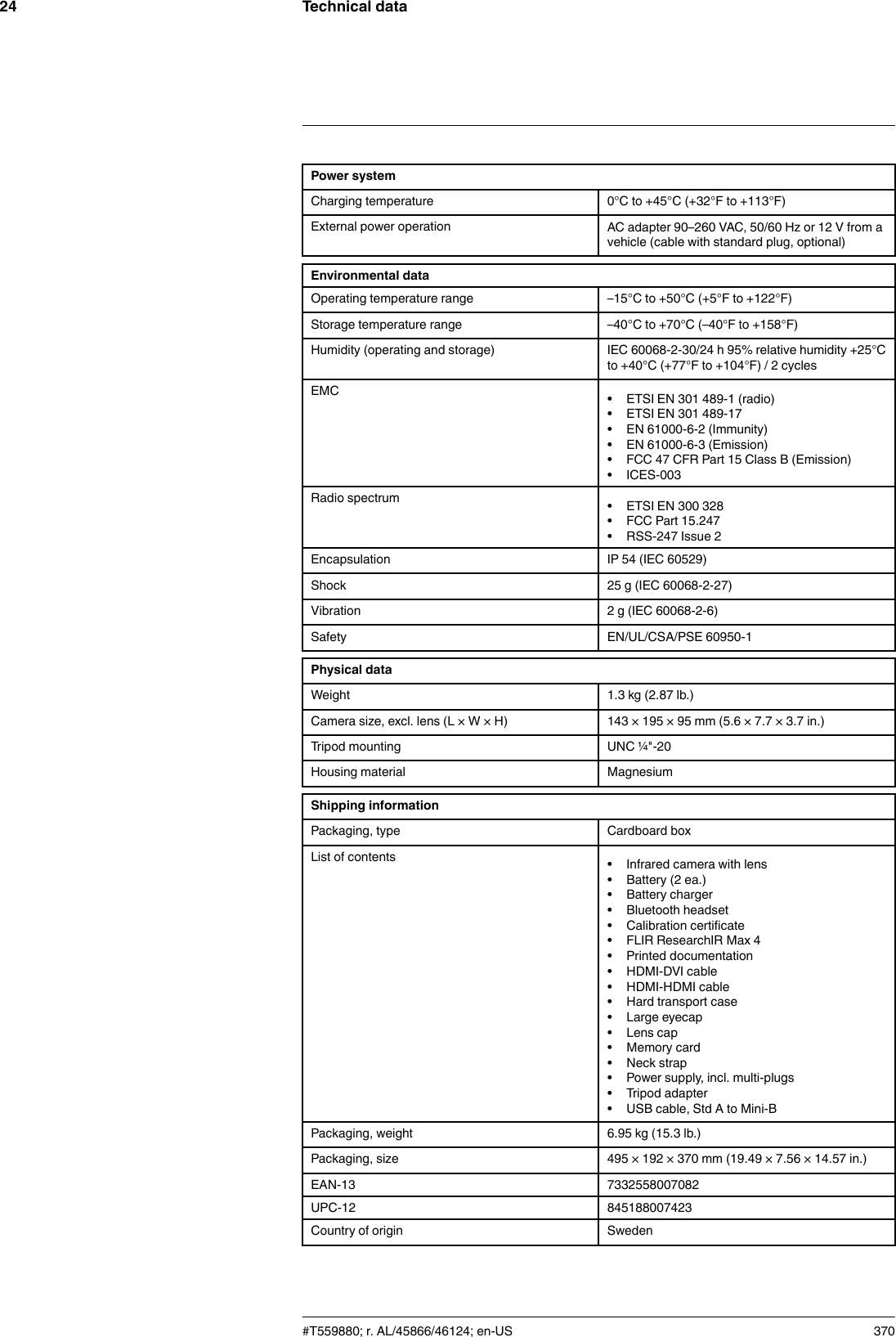 Technical data24Power systemCharging temperature 0°C to +45°C (+32°F to +113°F)External power operation AC adapter 90–260 VAC, 50/60 Hz or 12 V from avehicle (cable with standard plug, optional)Environmental dataOperating temperature range –15°C to +50°C (+5°F to +122°F)Storage temperature range –40°C to +70°C (–40°F to +158°F)Humidity (operating and storage) IEC 60068-2-30/24 h 95% relative humidity +25°Cto +40°C (+77°F to +104°F) / 2 cyclesEMC • ETSI EN 301 489-1 (radio)• ETSI EN 301 489-17• EN 61000-6-2 (Immunity)• EN 61000-6-3 (Emission)• FCC 47 CFR Part 15 Class B (Emission)• ICES-003Radio spectrum • ETSI EN 300 328• FCC Part 15.247• RSS-247 Issue 2Encapsulation IP 54 (IEC 60529)Shock 25 g (IEC 60068-2-27)Vibration 2 g (IEC 60068-2-6)Safety EN/UL/CSA/PSE 60950-1Physical dataWeight 1.3 kg (2.87 lb.)Camera size, excl. lens (L × W × H) 143 × 195 × 95 mm (5.6 × 7.7 × 3.7 in.)Tripod mounting UNC ¼&quot;-20Housing material MagnesiumShipping informationPackaging, type Cardboard boxList of contents • Infrared camera with lens• Battery (2 ea.)• Battery charger• Bluetooth headset• Calibration certificate• FLIR ResearchIR Max 4• Printed documentation• HDMI-DVI cable• HDMI-HDMI cable• Hard transport case• Large eyecap• Lens cap• Memory card• Neck strap• Power supply, incl. multi-plugs• Tripod adapter• USB cable, Std A to Mini-BPackaging, weight 6.95 kg (15.3 lb.)Packaging, size 495 × 192 × 370 mm (19.49 × 7.56 × 14.57 in.)EAN-13 7332558007082UPC-12 845188007423Country of origin Sweden#T559880; r. AL/45866/46124; en-US 370