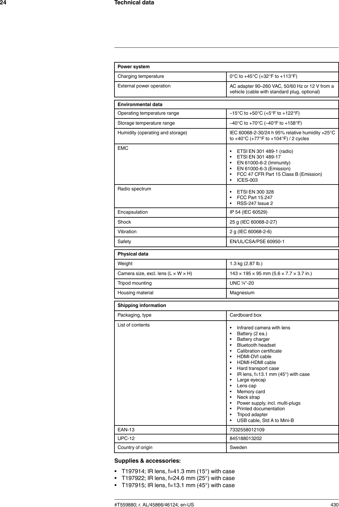 Technical data24Power systemCharging temperature 0°C to +45°C (+32°F to +113°F)External power operation AC adapter 90–260 VAC, 50/60 Hz or 12 V from avehicle (cable with standard plug, optional)Environmental dataOperating temperature range –15°C to +50°C (+5°F to +122°F)Storage temperature range –40°C to +70°C (–40°F to +158°F)Humidity (operating and storage) IEC 60068-2-30/24 h 95% relative humidity +25°Cto +40°C (+77°F to +104°F) / 2 cyclesEMC • ETSI EN 301 489-1 (radio)• ETSI EN 301 489-17• EN 61000-6-2 (Immunity)• EN 61000-6-3 (Emission)• FCC 47 CFR Part 15 Class B (Emission)• ICES-003Radio spectrum • ETSI EN 300 328• FCC Part 15.247• RSS-247 Issue 2Encapsulation IP 54 (IEC 60529)Shock 25 g (IEC 60068-2-27)Vibration 2 g (IEC 60068-2-6)Safety EN/UL/CSA/PSE 60950-1Physical dataWeight 1.3 kg (2.87 lb.)Camera size, excl. lens (L × W × H) 143 × 195 × 95 mm (5.6 × 7.7 × 3.7 in.)Tripod mounting UNC ¼&quot;-20Housing material MagnesiumShipping informationPackaging, type Cardboard boxList of contents • Infrared camera with lens• Battery (2 ea.)• Battery charger• Bluetooth headset• Calibration certificate• HDMI-DVI cable• HDMI-HDMI cable• Hard transport case• IR lens, f=13.1 mm (45°) with case• Large eyecap• Lens cap• Memory card• Neck strap• Power supply, incl. multi-plugs• Printed documentation• Tripod adapter• USB cable, Std A to Mini-BEAN-13 7332558012109UPC-12 845188013202Country of origin SwedenSupplies &amp; accessories:• T197914; IR lens, f=41.3 mm (15°) with case• T197922; IR lens, f=24.6 mm (25°) with case• T197915; IR lens, f=13.1 mm (45°) with case#T559880; r. AL/45866/46124; en-US 430