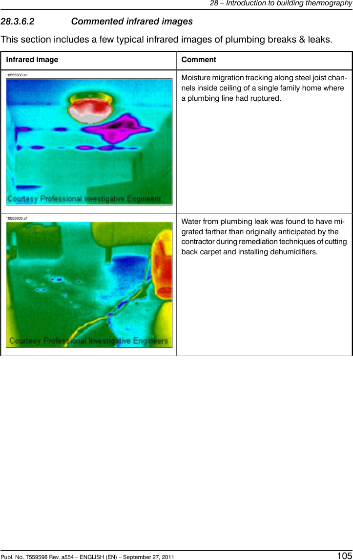 28.3.6.2 Commented infrared imagesThis section includes a few typical infrared images of plumbing breaks &amp; leaks.CommentInfrared imageMoisture migration tracking along steel joist chan-nels inside ceiling of a single family home wherea plumbing line had ruptured.10555503;a1Water from plumbing leak was found to have mi-grated farther than originally anticipated by thecontractor during remediation techniques of cuttingback carpet and installing dehumidifiers.10555603;a1Publ. No. T559598 Rev. a554 – ENGLISH (EN) – September 27, 2011 10528 – Introduction to building thermography