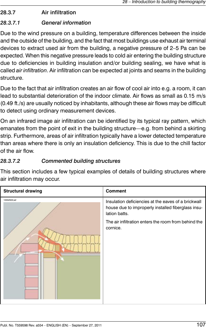 28.3.7 Air infiltration28.3.7.1 General informationDue to the wind pressure on a building, temperature differences between the insideand the outside of the building, and the fact that most buildings use exhaust air terminaldevices to extract used air from the building, a negative pressure of 2–5 Pa can beexpected. When this negative pressure leads to cold air entering the building structuredue to deficiencies in building insulation and/or building sealing, we have what iscalled air infiltration. Air infiltration can be expected at joints and seams in the buildingstructure.Due to the fact that air infiltration creates an air flow of cool air into e.g. a room, it canlead to substantial deterioration of the indoor climate. Air flows as small as 0.15 m/s(0.49 ft./s) are usually noticed by inhabitants, although these air flows may be difficultto detect using ordinary measurement devices.On an infrared image air infiltration can be identified by its typical ray pattern, whichemanates from the point of exit in the building structure—e.g. from behind a skirtingstrip. Furthermore, areas of air infiltration typically have a lower detected temperaturethan areas where there is only an insulation deficiency. This is due to the chill factorof the air flow.28.3.7.2 Commented building structuresThis section includes a few typical examples of details of building structures whereair infiltration may occur.CommentStructural drawingInsulation deficiencies at the eaves of a brickwallhouse due to improperly installed fiberglass insu-lation batts.The air infiltration enters the room from behind thecornice.10552503;a2Publ. No. T559598 Rev. a554 – ENGLISH (EN) – September 27, 2011 10728 – Introduction to building thermography