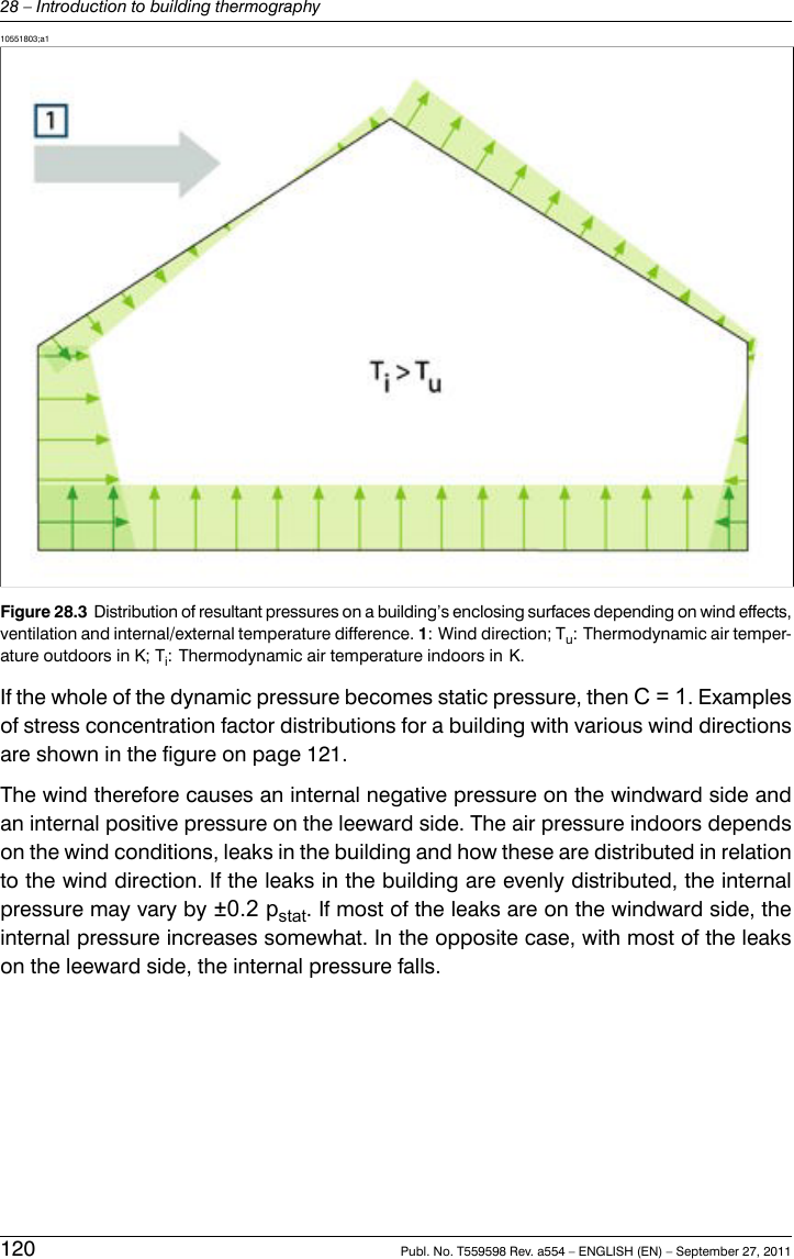 10551803;a1Figure 28.3 Distribution of resultant pressures on a building’s enclosing surfaces depending on wind effects,ventilation and internal/external temperature difference. 1: Wind direction; Tu: Thermodynamic air temper-ature outdoors in K; Ti: Thermodynamic air temperature indoors in K.If the whole of the dynamic pressure becomes static pressure, then C = 1. Examplesof stress concentration factor distributions for a building with various wind directionsare shown in the figure on page 121.The wind therefore causes an internal negative pressure on the windward side andan internal positive pressure on the leeward side. The air pressure indoors dependson the wind conditions, leaks in the building and how these are distributed in relationto the wind direction. If the leaks in the building are evenly distributed, the internalpressure may vary by ±0.2 pstat. If most of the leaks are on the windward side, theinternal pressure increases somewhat. In the opposite case, with most of the leakson the leeward side, the internal pressure falls.120 Publ. No. T559598 Rev. a554 – ENGLISH (EN) – September 27, 201128 – Introduction to building thermography