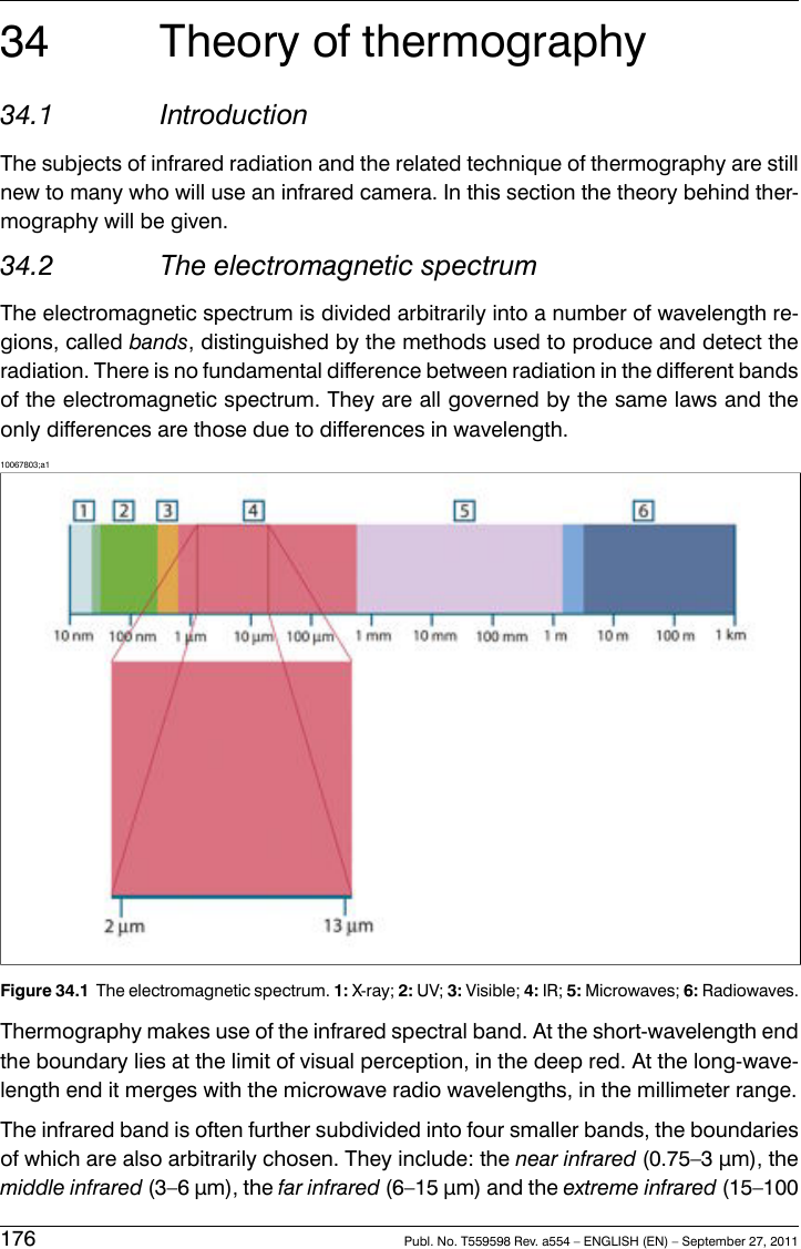 34 Theory of thermography34.1 IntroductionThe subjects of infrared radiation and the related technique of thermography are stillnew to many who will use an infrared camera. In this section the theory behind ther-mography will be given.34.2 The electromagnetic spectrumThe electromagnetic spectrum is divided arbitrarily into a number of wavelength re-gions, called bands, distinguished by the methods used to produce and detect theradiation. There is no fundamental difference between radiation in the different bandsof the electromagnetic spectrum. They are all governed by the same laws and theonly differences are those due to differences in wavelength.10067803;a1Figure 34.1 The electromagnetic spectrum. 1: X-ray; 2: UV; 3: Visible; 4: IR; 5: Microwaves; 6: Radiowaves.Thermography makes use of the infrared spectral band. At the short-wavelength endthe boundary lies at the limit of visual perception, in the deep red. At the long-wave-length end it merges with the microwave radio wavelengths, in the millimeter range.The infrared band is often further subdivided into four smaller bands, the boundariesof which are also arbitrarily chosen. They include: the near infrared (0.75–3 μm), themiddle infrared (3–6 μm), the far infrared (6–15 μm) and the extreme infrared (15–100176 Publ. No. T559598 Rev. a554 – ENGLISH (EN) – September 27, 2011