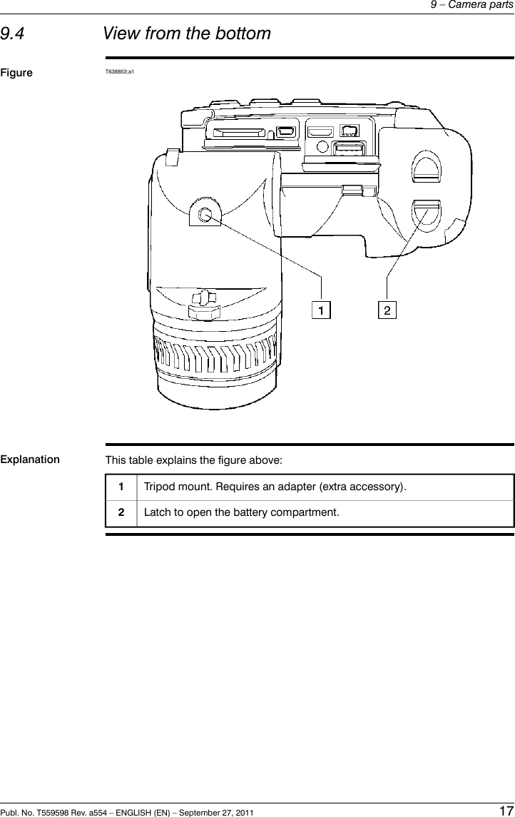 9.4 View from the bottomFigure T638853;a1Explanation This table explains the figure above:Tripod mount. Requires an adapter (extra accessory).1Latch to open the battery compartment.2Publ. No. T559598 Rev. a554 – ENGLISH (EN) – September 27, 2011 179 – Camera parts