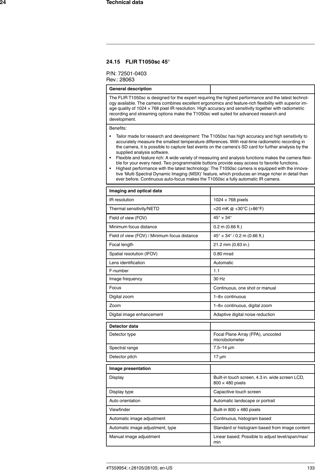 Technical data2424.15 FLIR T1050sc 45°P/N: 72501-0403Rev.: 28063General descriptionThe FLIR T1050sc is designed for the expert requiring the highest performance and the latest technol-ogy available. The camera combines excellent ergonomics and feature-rich flexibility with superior im-age quality of 1024 × 768 pixel IR resolution. High accuracy and sensitivity together with radiometricrecording and streaming options make the T1050sc well suited for advanced research anddevelopment.Benefits:• Tailor made for research and development: The T1050sc has high accuracy and high sensitivity toaccurately measure the smallest temperature differences. With real-time radiometric recording inthe camera, it is possible to capture fast events on the camera’s SD card for further analysis by thesupplied analysis software.• Flexible and feature rich: A wide variety of measuring and analysis functions makes the camera flexi-ble for your every need. Two programmable buttons provide easy access to favorite functions.• Highest performance with the latest technology: The T1050sc camera is equipped with the innova-tive ‘Multi Spectral Dynamic Imaging (MSX)’ feature, which produces an image richer in detail thanever before. Continuous auto-focus makes the T1050sc a fully automatic IR camera.Imaging and optical dataIR resolution 1024 × 768 pixelsThermal sensitivity/NETD &lt;20 mK @ +30°C (+86°F)Field of view (FOV) 45° × 34°Minimum focus distance 0.2 m (0.66 ft.)Field of view (FOV) / Minimum focus distance 45° × 34° / 0.2 m (0.66 ft.)Focal length 21.2 mm (0.83 in.)Spatial resolution (IFOV) 0.80 mradLens identification AutomaticF-number 1.1Image frequency 30 HzFocus Continuous, one shot or manualDigital zoom 1–8× continuousZoom 1–8× continuous, digital zoomDigital image enhancement Adaptive digital noise reductionDetector dataDetector type Focal Plane Array (FPA), uncooledmicrobolometerSpectral range 7.5–14 µmDetector pitch 17 µmImage presentationDisplay Built-in touch screen, 4.3 in. wide screen LCD,800 × 480 pixelsDisplay type Capacitive touch screenAuto orientation Automatic landscape or portraitViewfinder Built-in 800 × 480 pixelsAutomatic image adjustment Continuous, histogram basedAutomatic image adjustment, type Standard or histogram based from image contentManual image adjustment Linear based; Possible to adjust level/span/max/min#T559954; r.28105/28105; en-US 133