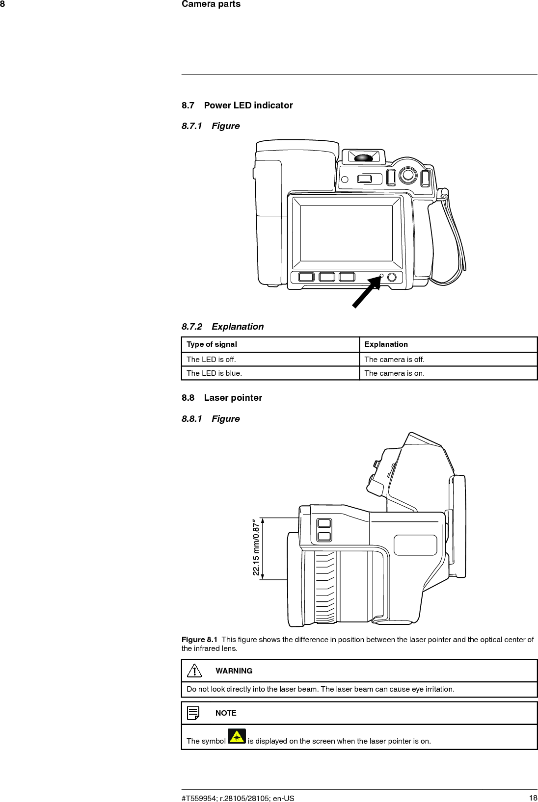 Camera parts88.7 Power LED indicator8.7.1 Figure8.7.2 ExplanationType of signal ExplanationThe LED is off. The camera is off.The LED is blue. The camera is on.8.8 Laser pointer8.8.1 FigureFigure 8.1 This figure shows the difference in position between the laser pointer and the optical center ofthe infrared lens.WARNINGDo not look directly into the laser beam. The laser beam can cause eye irritation.NOTEThe symbol is displayed on the screen when the laser pointer is on.#T559954; r.28105/28105; en-US 18