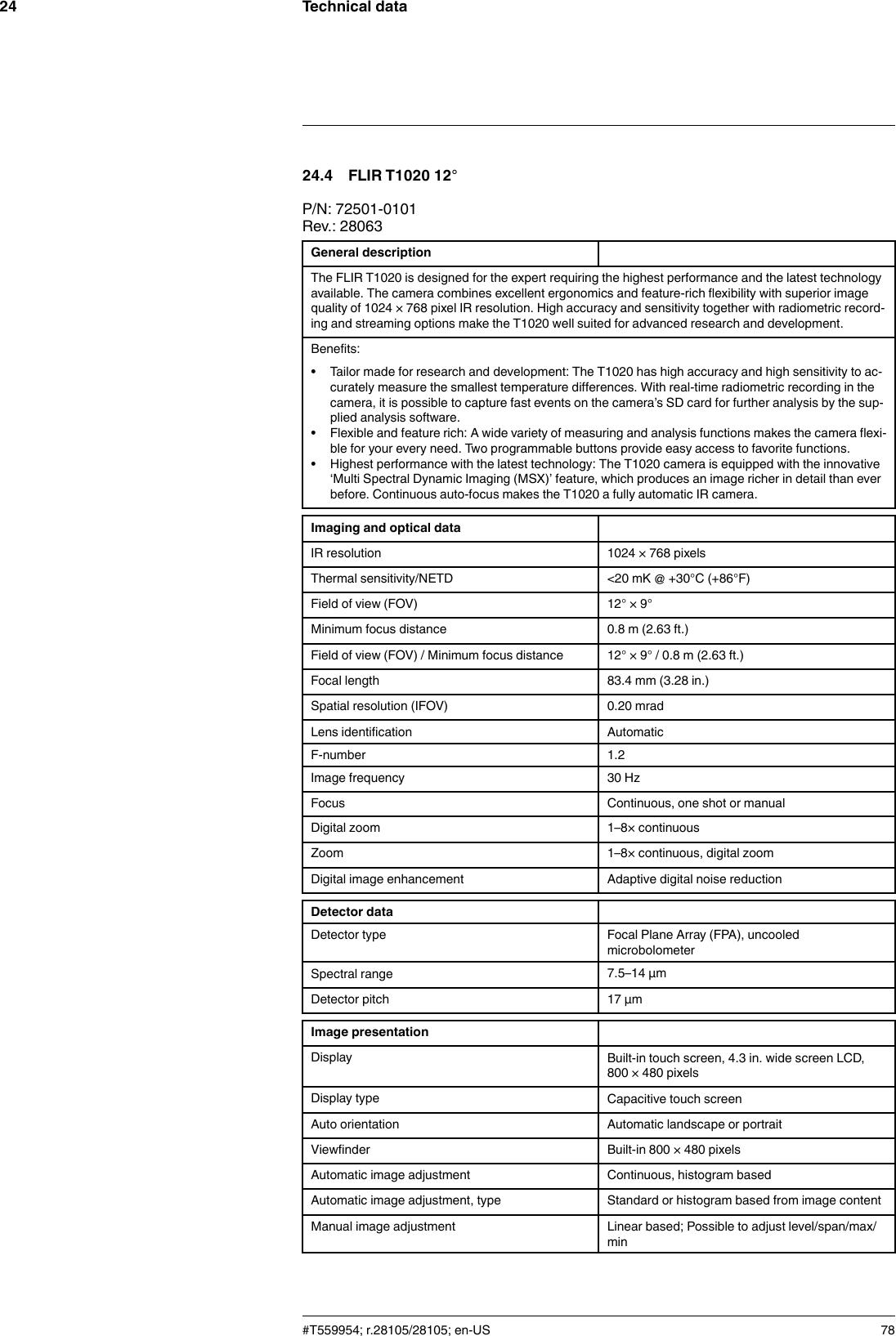 Technical data2424.4 FLIR T1020 12°P/N: 72501-0101Rev.: 28063General descriptionThe FLIR T1020 is designed for the expert requiring the highest performance and the latest technologyavailable. The camera combines excellent ergonomics and feature-rich flexibility with superior imagequality of 1024 × 768 pixel IR resolution. High accuracy and sensitivity together with radiometric record-ing and streaming options make the T1020 well suited for advanced research and development.Benefits:• Tailor made for research and development: The T1020 has high accuracy and high sensitivity to ac-curately measure the smallest temperature differences. With real-time radiometric recording in thecamera, it is possible to capture fast events on the camera’s SD card for further analysis by the sup-plied analysis software.• Flexible and feature rich: A wide variety of measuring and analysis functions makes the camera flexi-ble for your every need. Two programmable buttons provide easy access to favorite functions.• Highest performance with the latest technology: The T1020 camera is equipped with the innovative‘Multi Spectral Dynamic Imaging (MSX)’ feature, which produces an image richer in detail than everbefore. Continuous auto-focus makes the T1020 a fully automatic IR camera.Imaging and optical dataIR resolution 1024 × 768 pixelsThermal sensitivity/NETD &lt;20 mK @ +30°C (+86°F)Field of view (FOV) 12° × 9°Minimum focus distance 0.8 m (2.63 ft.)Field of view (FOV) / Minimum focus distance 12° × 9° / 0.8 m (2.63 ft.)Focal length 83.4 mm (3.28 in.)Spatial resolution (IFOV) 0.20 mradLens identification AutomaticF-number 1.2Image frequency 30 HzFocus Continuous, one shot or manualDigital zoom 1–8× continuousZoom 1–8× continuous, digital zoomDigital image enhancement Adaptive digital noise reductionDetector dataDetector type Focal Plane Array (FPA), uncooledmicrobolometerSpectral range 7.5–14 µmDetector pitch 17 µmImage presentationDisplay Built-in touch screen, 4.3 in. wide screen LCD,800 × 480 pixelsDisplay type Capacitive touch screenAuto orientation Automatic landscape or portraitViewfinder Built-in 800 × 480 pixelsAutomatic image adjustment Continuous, histogram basedAutomatic image adjustment, type Standard or histogram based from image contentManual image adjustment Linear based; Possible to adjust level/span/max/min#T559954; r.28105/28105; en-US 78