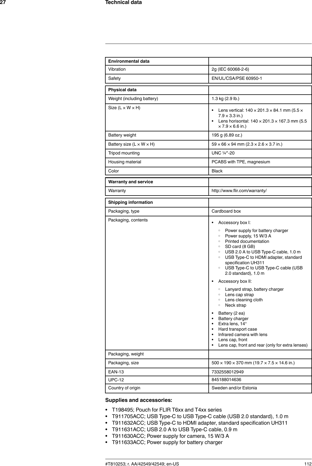 Technical data27Environmental dataVibration 2g (IEC 60068-2-6)Safety EN/UL/CSA/PSE 60950-1Physical dataWeight (including battery) 1.3 kg (2.9 lb.)Size (L × W × H) • Lens vertical: 140 × 201.3 × 84.1 mm (5.5 ×7.9 × 3.3 in.)• Lens horisontal: 140 × 201.3 × 167.3 mm (5.5× 7.9 × 6.6 in.)Battery weight 195 g (6.89 oz.)Battery size (L × W × H) 59 × 66 × 94 mm (2.3 × 2.6 × 3.7 in.)Tripod mounting UNC ¼″-20Housing material PCABS with TPE, magnesiumColor BlackWarranty and serviceWarranty http://www.flir.com/warranty/Shipping informationPackaging, type Cardboard boxPackaging, contents • Accessory box I:◦ Power supply for battery charger◦ Power supply, 15 W/3 A◦ Printed documentation◦ SD card (8 GB)◦ USB 2.0 A to USB Type-C cable, 1.0 m◦ USB Type-C to HDMI adapter, standardspecification UH311◦ USB Type-C to USB Type-C cable (USB2.0 standard), 1.0 m• Accessory box II:◦ Lanyard strap, battery charger◦ Lens cap strap◦ Lens cleaning cloth◦ Neck strap• Battery (2 ea)• Battery charger• Extra lens, 14°• Hard transport case• Infrared camera with lens• Lens cap, front• Lens cap, front and rear (only for extra lenses)Packaging, weightPackaging, size 500 × 190 × 370 mm (19.7 × 7.5 × 14.6 in.)EAN-13 7332558012949UPC-12 845188014636Country of origin Sweden and/or EstoniaSupplies and accessories:• T198495; Pouch for FLIR T6xx and T4xx series• T911705ACC; USB Type-C to USB Type-C cable (USB 2.0 standard), 1.0 m• T911632ACC; USB Type-C to HDMI adapter, standard specification UH311• T911631ACC; USB 2.0 A to USB Type-C cable, 0.9 m• T911630ACC; Power supply for camera, 15 W/3 A• T911633ACC; Power supply for battery charger#T810253; r. AA/42549/42549; en-US 112