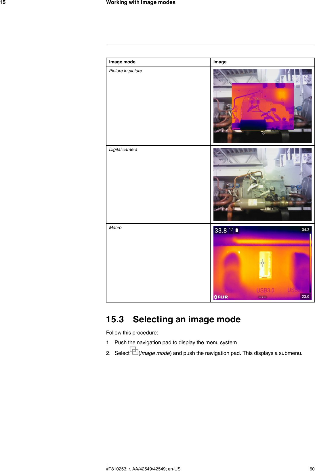 Working with image modes15Image mode ImagePicture in pictureDigital cameraMacro15.3 Selecting an image modeFollow this procedure:1. Push the navigation pad to display the menu system.2. Select (Image mode) and push the navigation pad. This displays a submenu.#T810253; r. AA/42549/42549; en-US 60