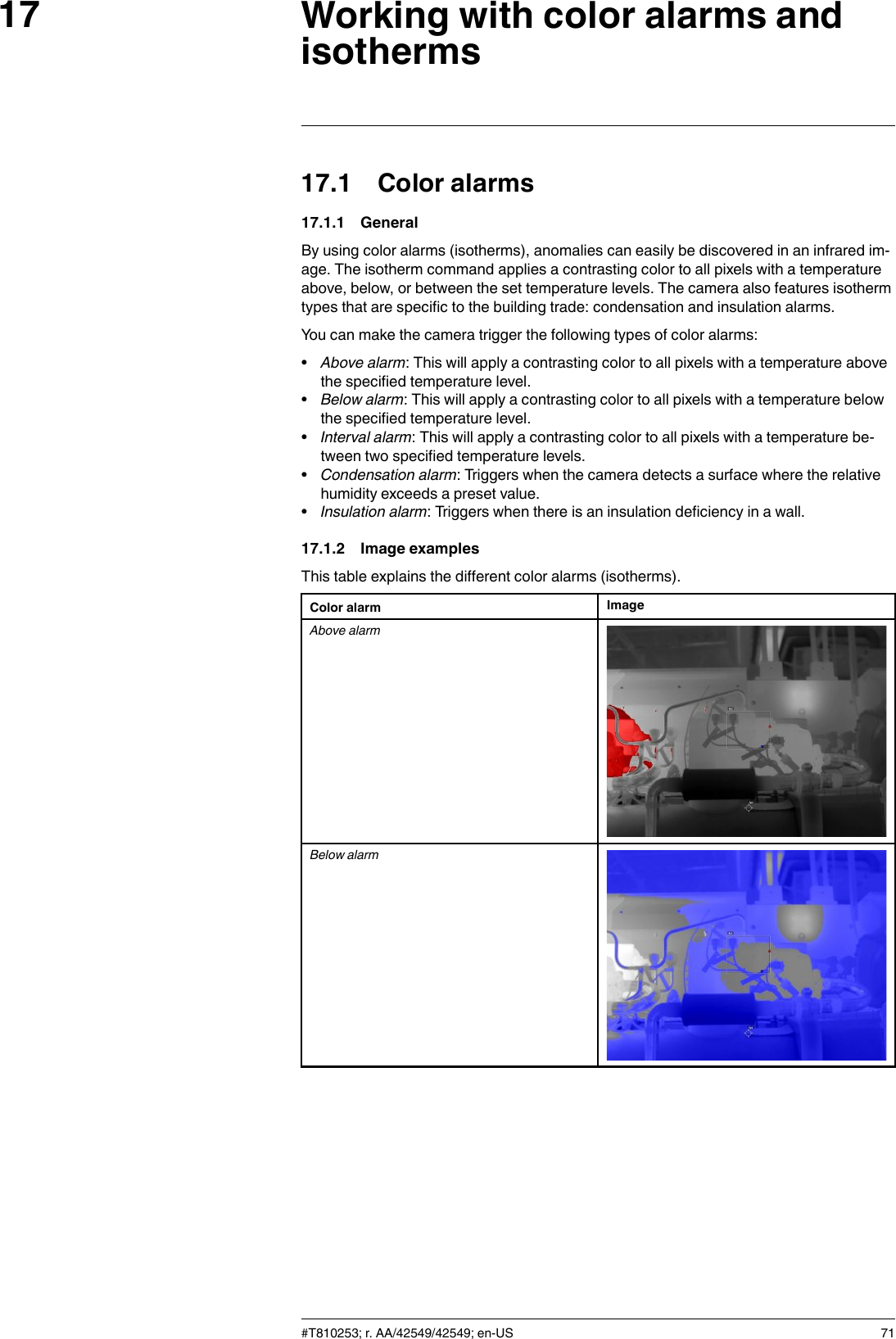 Working with color alarms andisotherms1717.1 Color alarms17.1.1 GeneralBy using color alarms (isotherms), anomalies can easily be discovered in an infrared im-age. The isotherm command applies a contrasting color to all pixels with a temperatureabove, below, or between the set temperature levels. The camera also features isothermtypes that are specific to the building trade: condensation and insulation alarms.You can make the camera trigger the following types of color alarms:•Above alarm: This will apply a contrasting color to all pixels with a temperature abovethe specified temperature level.•Below alarm: This will apply a contrasting color to all pixels with a temperature belowthe specified temperature level.•Interval alarm: This will apply a contrasting color to all pixels with a temperature be-tween two specified temperature levels.•Condensation alarm: Triggers when the camera detects a surface where the relativehumidity exceeds a preset value.•Insulation alarm: Triggers when there is an insulation deficiency in a wall.17.1.2 Image examplesThis table explains the different color alarms (isotherms).Color alarm ImageAbove alarmBelow alarm#T810253; r. AA/42549/42549; en-US 71