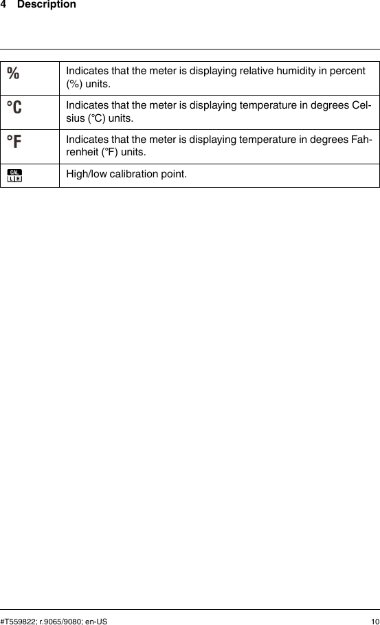 4 DescriptionIndicates that the meter is displaying relative humidity in percent(%) units.Indicates that the meter is displaying temperature in degrees Cel-sius (℃) units.Indicates that the meter is displaying temperature in degrees Fah-renheit (℉) units.High/low calibration point.#T559822; r.9065/9080; en-US 10