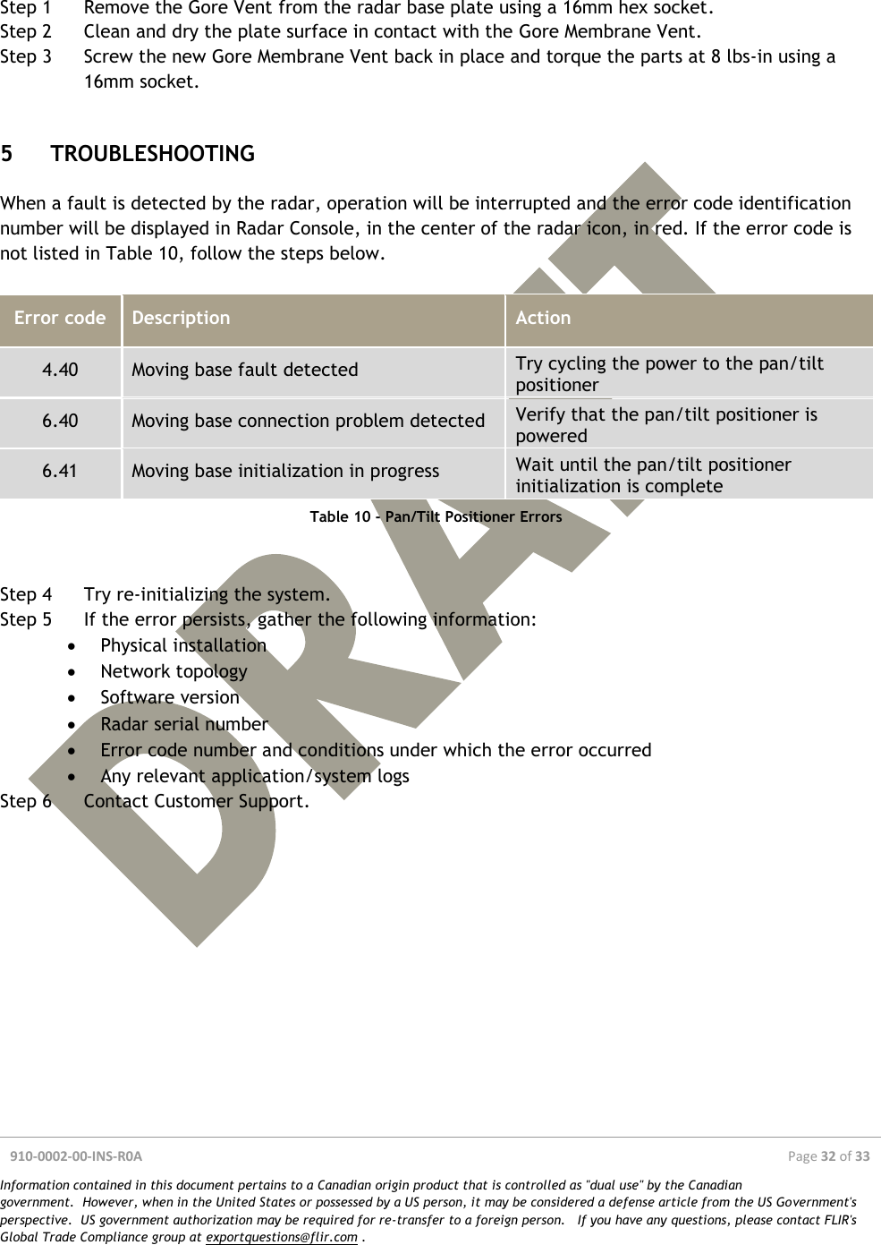  910-0002-00-INS-R0A  Page 32 of 33  Information contained in this document pertains to a Canadian origin product that is controlled as &quot;dual use&quot; by the Canadian government.  However, when in the United States or possessed by a US person, it may be considered a defense article from the US Government&apos;s perspective.  US government authorization may be required for re-transfer to a foreign person.   If you have any questions, please contact FLIR&apos;s Global Trade Compliance group at exportquestions@flir.com .   Step 1 Remove the Gore Vent from the radar base plate using a 16mm hex socket. Step 2 Clean and dry the plate surface in contact with the Gore Membrane Vent. Step 3 Screw the new Gore Membrane Vent back in place and torque the parts at 8 lbs-in using a 16mm socket. 5 TROUBLESHOOTING When a fault is detected by the radar, operation will be interrupted and the error code identification number will be displayed in Radar Console, in the center of the radar icon, in red. If the error code is not listed in Table 10, follow the steps below.  Error code Description Action 4.40 Moving base fault detected Try cycling the power to the pan/tilt positioner 6.40 Moving base connection problem detected Verify that the pan/tilt positioner is powered 6.41 Moving base initialization in progress Wait until the pan/tilt positioner initialization is complete Table 10 - Pan/Tilt Positioner Errors   Step 4 Try re-initializing the system. Step 5 If the error persists, gather the following information:  Physical installation  Network topology  Software version  Radar serial number  Error code number and conditions under which the error occurred  Any relevant application/system logs Step 6 Contact Customer Support.  