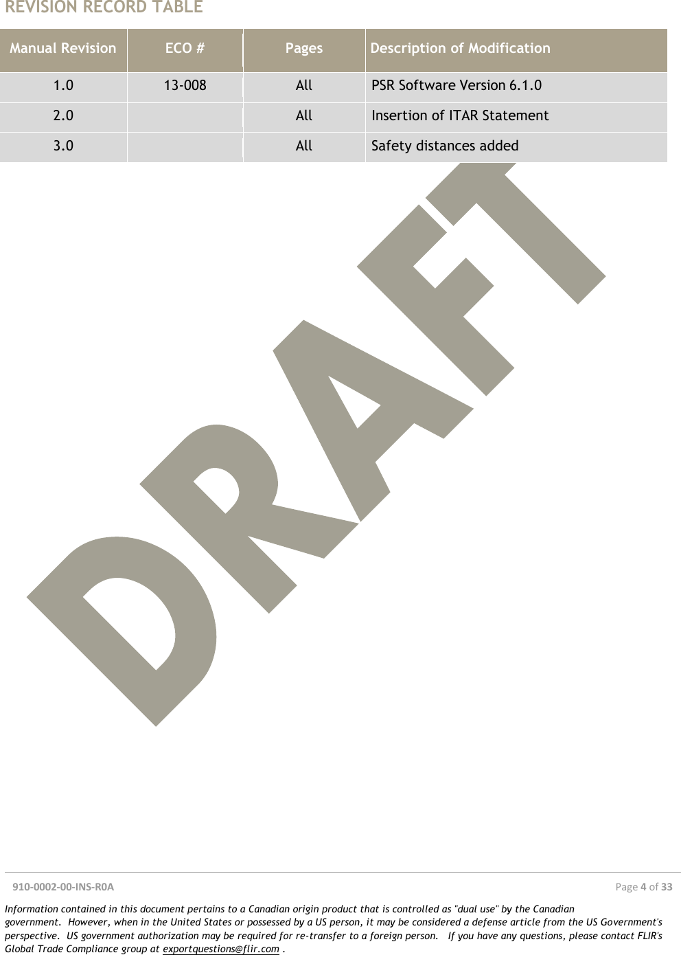  910-0002-00-INS-R0A  Page 4 of 33  Information contained in this document pertains to a Canadian origin product that is controlled as &quot;dual use&quot; by the Canadian government.  However, when in the United States or possessed by a US person, it may be considered a defense article from the US Government&apos;s perspective.  US government authorization may be required for re-transfer to a foreign person.   If you have any questions, please contact FLIR&apos;s Global Trade Compliance group at exportquestions@flir.com .   REVISION RECORD TABLE     Manual Revision ECO # Pages Description of Modification 1.0 13-008 All PSR Software Version 6.1.0 2.0  All Insertion of ITAR Statement 3.0  All Safety distances added 