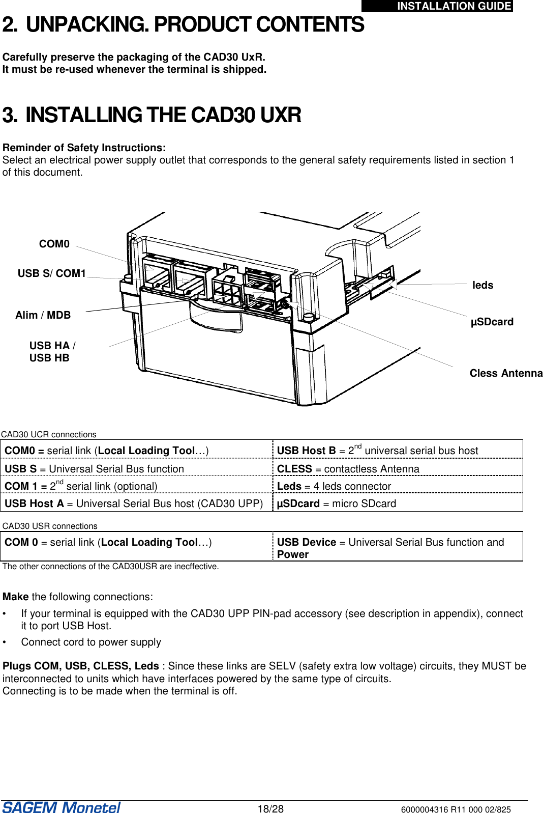 INSTALLATION GUIDE   18/28 6000004316 R11 000 02/825 2. UNPACKING. PRODUCT CONTENTS  Carefully preserve the packaging of the CAD30 UxR.   It must be re-used whenever the terminal is shipped.    3. INSTALLING THE CAD30 UXR  Reminder of Safety Instructions:  Select an electrical power supply outlet that corresponds to the general safety requirements listed in section 1 of this document.       CAD30 UCR connections COM0 = serial link (Local Loading Tool…)  USB Host B = 2nd universal serial bus host USB S = Universal Serial Bus function  CLESS = contactless Antenna COM 1 = 2nd serial link (optional)  Leds = 4 leds connector USB Host A = Universal Serial Bus host (CAD30 UPP)  µSDcard = micro SDcard  CAD30 USR connections COM 0 = serial link (Local Loading Tool…)  USB Device = Universal Serial Bus function and Power The other connections of the CAD30USR are inecffective.   Make the following connections:  •  If your terminal is equipped with the CAD30 UPP PIN-pad accessory (see description in appendix), connect it to port USB Host.  •  Connect cord to power supply   Plugs COM, USB, CLESS, Leds : Since these links are SELV (safety extra low voltage) circuits, they MUST be interconnected to units which have interfaces powered by the same type of circuits. Connecting is to be made when the terminal is off.  COM0 USB S/ COM1 Alim / MDB USB HA / USB HB Cless Antenna µSDcard leds 