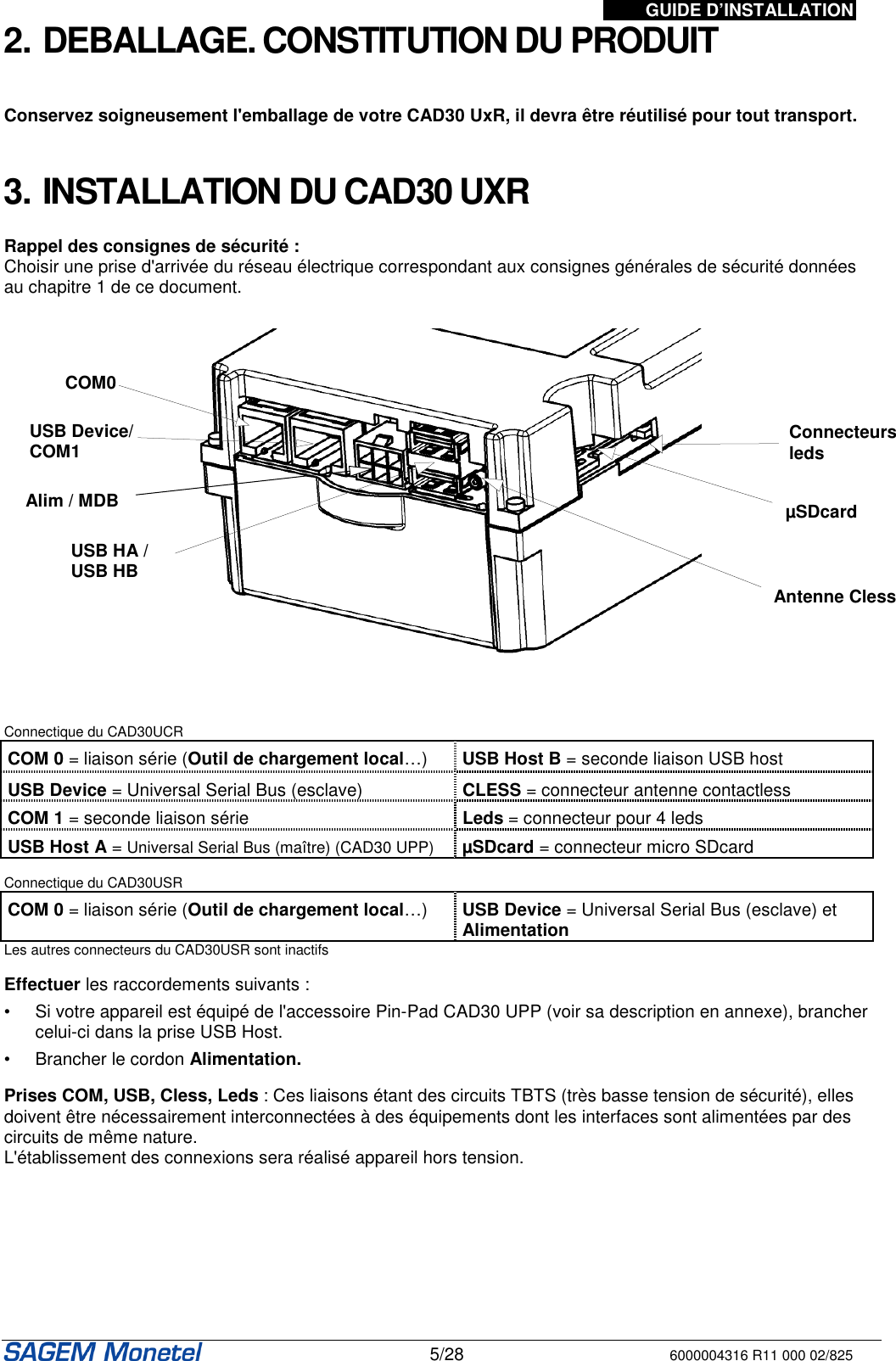 GUIDE D’INSTALLATION   5/28 6000004316 R11 000 02/825 2. DEBALLAGE. CONSTITUTION DU PRODUIT   Conservez soigneusement l&apos;emballage de votre CAD30 UxR, il devra être réutilisé pour tout transport.    3. INSTALLATION DU CAD30 UXR   Rappel des consignes de sécurité :  Choisir une prise d&apos;arrivée du réseau électrique correspondant aux consignes générales de sécurité données au chapitre 1 de ce document.        Connectique du CAD30UCR COM 0 = liaison série (Outil de chargement local…)  USB Host B = seconde liaison USB host  USB Device = Universal Serial Bus (esclave)  CLESS = connecteur antenne contactless COM 1 = seconde liaison série  Leds = connecteur pour 4 leds USB Host A = Universal Serial Bus (maître) (CAD30 UPP)  µSDcard = connecteur micro SDcard  Connectique du CAD30USR COM 0 = liaison série (Outil de chargement local…)  USB Device = Universal Serial Bus (esclave) et Alimentation Les autres connecteurs du CAD30USR sont inactifs  Effectuer les raccordements suivants :  •  Si votre appareil est équipé de l&apos;accessoire Pin-Pad CAD30 UPP (voir sa description en annexe), brancher celui-ci dans la prise USB Host.  •  Brancher le cordon Alimentation.   Prises COM, USB, Cless, Leds : Ces liaisons étant des circuits TBTS (très basse tension de sécurité), elles doivent être nécessairement interconnectées à des équipements dont les interfaces sont alimentées par des circuits de même nature.  L&apos;établissement des connexions sera réalisé appareil hors tension. COM0 USB Device/ COM1 Alim / MDB USB HA / USB HB Antenne Cless µSDcard Connecteurs  leds 