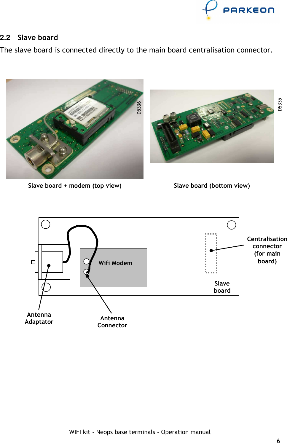     WIFI kit - Neops base terminals - Operation manual 6 2.2  Slave board The slave board is connected directly to the main board centralisation connector.      Slave board + modem (top view)  Slave board (bottom view)               D5336 D5335 Antenna Connector Antenna connector Centralisation connector (for main board) Slave board Wifi Modem Antenna Adaptator 