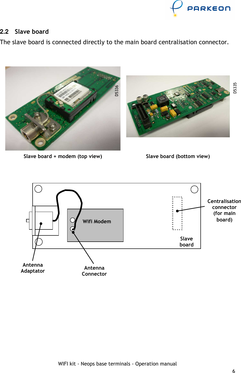     WIFI kit - Neops base terminals - Operation manual 6 2.2  Slave board The slave board is connected directly to the main board centralisation connector.      Slave board + modem (top view)  Slave board (bottom view)               D5336 D5335 Antenna Connector Antenna connector Centralisation connector (for main board) Slave board Wifi Modem Antenna Adaptator 