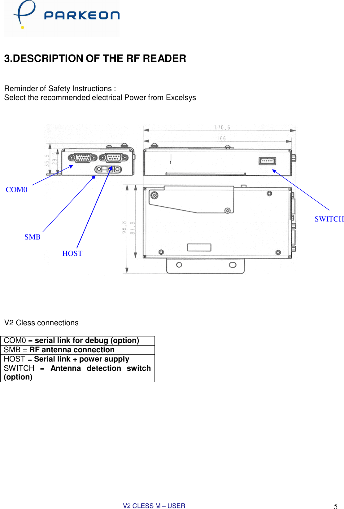 V2 CLESS M – USER MANUAL 5     3.DESCRIPTION OF THE RF READER    Reminder of Safety Instructions : Select the recommended electrical Power from Excelsys              COM0    SWITCH  SMB  HOST          V2 Cless connections  COM0 = serial link for debug (option) SMB = RF antenna connection HOST = Serial link + power supply SWITCH  =  Antenna  detection  switch (option)                                     