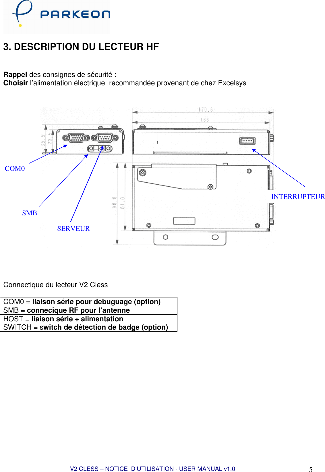  V2 CLESS – NOTICE  D’UTILISATION - USER MANUAL v1.0 5 3. DESCRIPTION DU LECTEUR HF   Rappel des consignes de sécurité : Choisir l’alimentation électrique  recommandée provenant de chez Excelsys       Connectique du lecteur V2 Cless  COM0 = liaison série pour debuguage (option) SMB = connecique RF pour l’antenne HOST = liaison série + alimentation SWITCH = switch de détection de badge (option)  COM0       SMB SERVEUR INTERRUPTEUR 