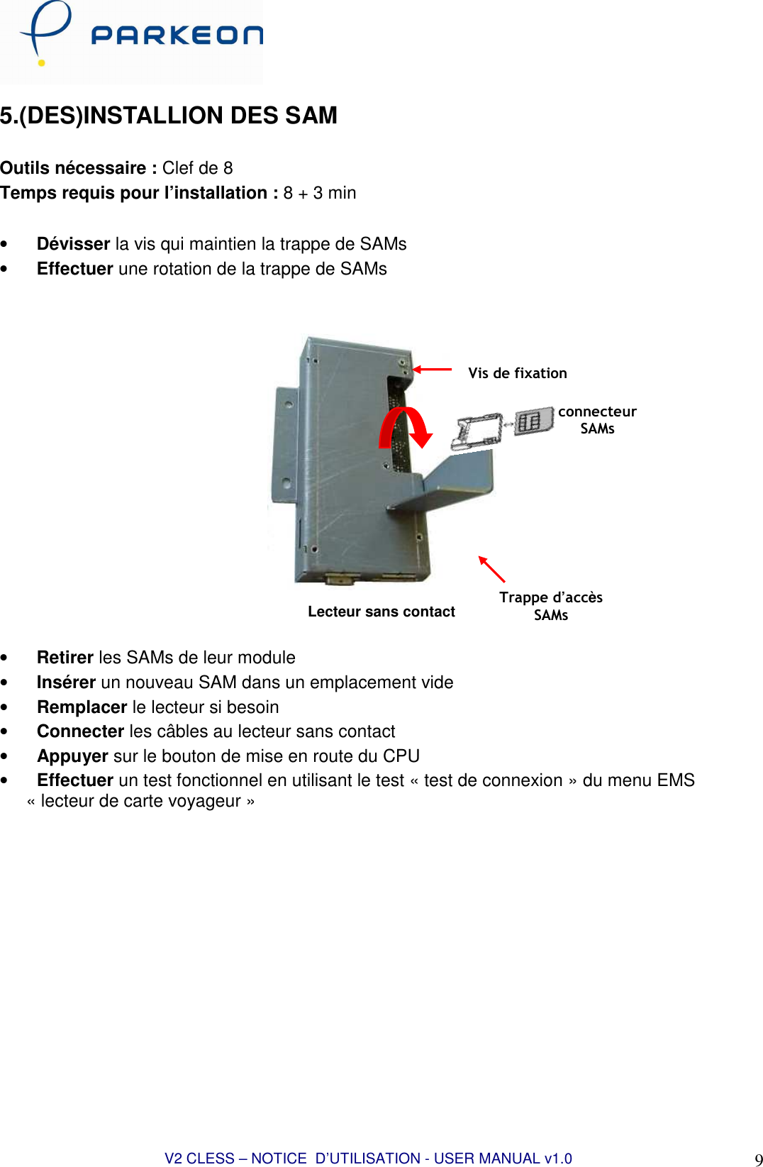  V2 CLESS – NOTICE  D’UTILISATION - USER MANUAL v1.0 9 5.(DES)INSTALLION DES SAM  Outils nécessaire : Clef de 8 Temps requis pour l’installation : 8 + 3 min  • Dévisser la vis qui maintien la trappe de SAMs • Effectuer une rotation de la trappe de SAMs    Lecteur sans contact  • Retirer les SAMs de leur module • Insérer un nouveau SAM dans un emplacement vide • Remplacer le lecteur si besoin • Connecter les câbles au lecteur sans contact • Appuyer sur le bouton de mise en route du CPU • Effectuer un test fonctionnel en utilisant le test « test de connexion » du menu EMS « lecteur de carte voyageur »  connecteurSAMs Vis de fixation Trappe d’accès SAMs 