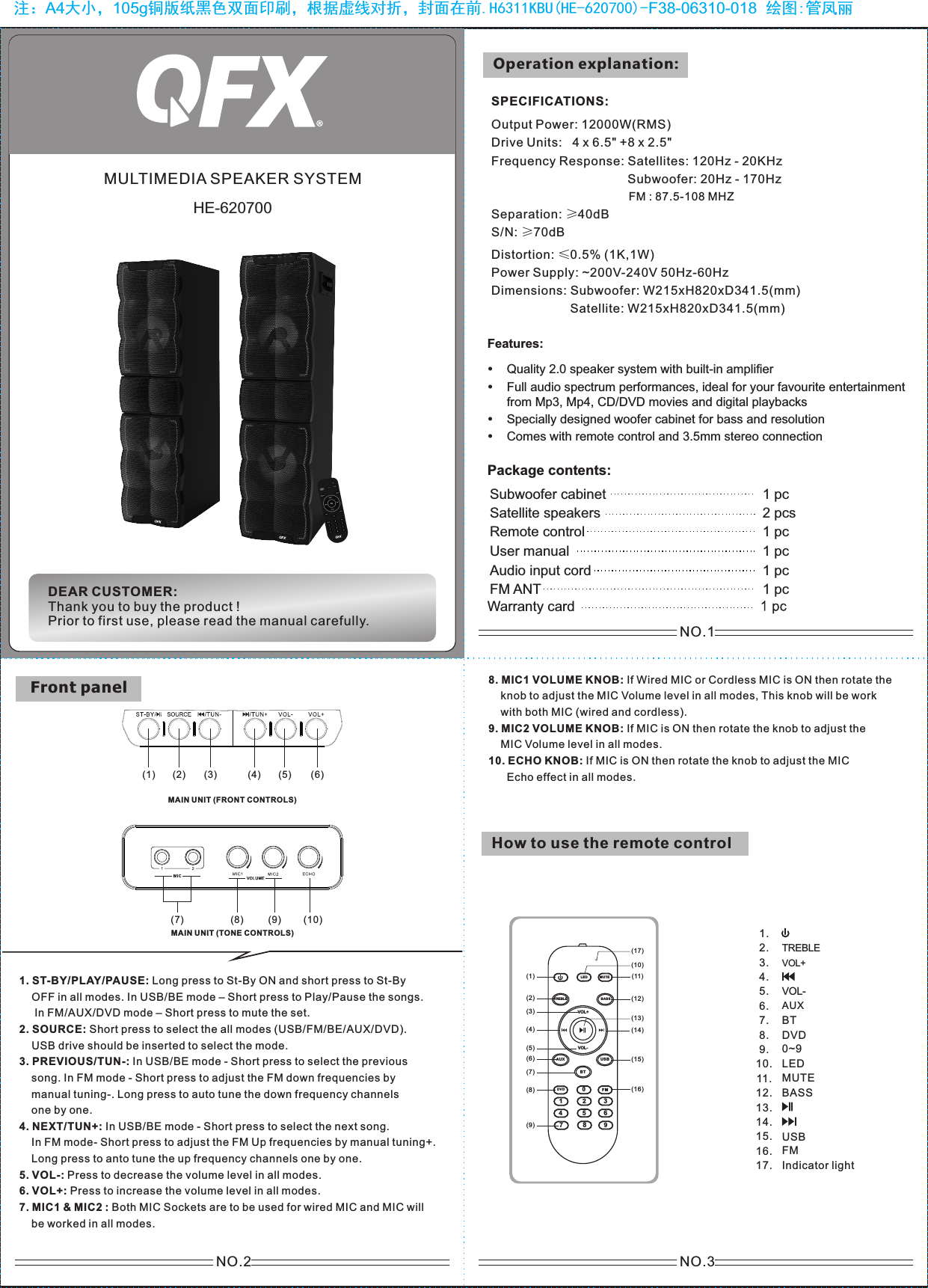 注：A4大小，105g铜版纸黑色双面印刷，根据虚线对折，封面在前.H6311KBU(HE-620700)-F38-06310-018  绘图:管凤丽NO.2 NO.3NO.1HE-620700MULTIMEDIA SPEAKER SYSTEM How to use the remote controlLED M UTEDVD F M0123456789TREBLE BAS SAUX USBVOL+VOL-(1)(2)(3)(4)(5)(6)(7)(11)(10)(12)(13)(14)(15)(8)(9)(16)(17)BT1.2.3.4.5.6.7.8.9.10.11.12.13.14.15.16.17.TREBLEVOL+VOL-AUXLEDMUTEBASSUSBDVD0~9FMIndicator lightBTOperation explanation:Front panelDEAR CUSTOMER:Thank you to buy the product !Prior to first use, please read the manual carefully.MAIN UNIT (TONE CONTROLS)(7) (8) (9) (10)MAIN UNIT (FRONT CONTROLS)(1) (2) (3) (4) (5) (6)1. ST-BY/PLAY/PAUSE: Long press to St-By ON and short press to St-By     OFF in all modes. In USB/BE mode &ndash; Short press to Play/Pause the songs.     In FM/AUX/DVD mode &ndash; Short press to mute the set.2. SOURCE: Short press to select the all modes (USB/FM/BE/AUX/DVD).     USB drive should be inserted to select the mode.3. PREVIOUS/TUN-: In USB/BE mode - Short press to select the previous    song. In FM mode - Short press to adjust the FM down frequencies by     manual tuning-. Long press to auto tune the down frequency channels     one by one.4. NEXT/TUN+: In USB/BE mode - Short press to select the next song.     In FM mode- Short press to adjust the FM Up frequencies by manual tuning+.     Long press to anto tune the up frequency channels one by one.5. VOL-: Press to decrease the volume level in all modes.6. VOL+: Press to increase the volume level in all modes.7. MIC1 &amp; MIC2 : Both MIC Sockets are to be used for wired MIC and MIC will    be worked in all modes.    8. MIC1 VOLUME KNOB: If Wired MIC or Cordless MIC is ON then rotate the     knob to adjust the MIC Volume level in all modes, This knob will be work     with both MIC (wired and cordless).9. MIC2 VOLUME KNOB: If MIC is ON then rotate the knob to adjust the     MIC Volume level in all modes.10. ECHO KNOB: If MIC is ON then rotate the knob to adjust the MIC       Echo effect in all modes.   Features:Quality 2.0 speaker system with built-in amplifierFull audio spectrum performances, ideal for your favourite entertainment  from Mp3, Mp4, CD/DVD movies and digital playbacksSpecially designed woofer cabinet for bass and resolutionComes with remote control and 3.5mm stereo connectionSatellite: W215xH820xD341.5(mm)Dimensions: Subwoofer: W215xH820xD341.5(mm)Separation: &ge;40dBS/N:  70dB&ge;Distortion: &le;0.5% (1K,1W)Power Supply: ~200V-240V 50Hz-60HzOutput Power: 12000W(RMS)Drive Units:   4   x 6.5" +8 x 2.5" SPECIFICATIONS:Frequency Response: Satellites: 120Hz - 20KHzSubwoofer: 20Hz - 170Hz              FM : 87.5-108 MHZPackage contents: Subwoofer cabinet 1 pc Satellite speakers  2 pcsUser manual 1 pcAudio input cord 1 pcFM ANT 1 pc Remote control 1 pcWarranty card