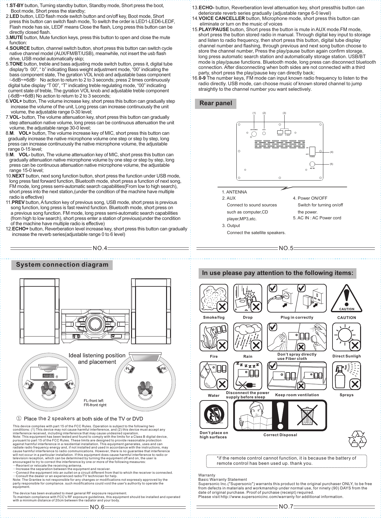 CAUTIONSmoke/fog Drop Plug in correctlyFire Rain Don&rsquo;t spray directlyuse Fiber cloth Direct SunlighWater SpraysDon&rsquo;t place onhigh surfaces Correct DisposalDisconnect the power supply before sleep  Keep room ventilation1.ST-BY button, Turning standby button, Standby mode, Short press the boot,     Boot mode, Short press the standby; 2.LED button, LED flash mode switch button and on/off key, Boot mode, Short   press this button can switch flash mode, To switch the order is LED1-LED6-LEDF,   Flash mode has six, LEDF means Close the flash, Long press this button can be    directly closed flash.3.MUTE button, Mute function keys, press this button to open and close the mute   function:4.SOURCE button, channel switch button, short press this button can switch cycle    native channel model (AUX/FM/BT/USB), meanwhile, not insert the usb flash    drive, USB model automatically skip;5.TONE button, treble and bass adjusting mode switch button, press it, digital tube    display&ldquo;b  00&rdquo;, &ldquo; b&rdquo; indicating Bass weight adjustment mode, &ldquo;00&rdquo; indicating the    bass component state, The gyration VOL knob and adjustable bass component（-6dB~+6dB）No action to return to 2 to 3 seconds; press 2 times continuously   digital tube display &ldquo;T 00&rdquo;, &ldquo;T&rdquo; indicating treble regulating mode, &ldquo;00&rdquo; indicating   current state of treble, The gyration VOL knob and adjustable treble component  (-6dB~+6dB) No action to return to 2 to 3 seconds;6.VOL+ button, The volume increase key, short press this button can gradually step    increase the volume of the unit, Long press can increase continuously the unit     volume, the adjustable range 0-30 level;7.VOL- button, The volume attenuation key, short press this button can gradually    step attenuation native volume, long press can be continuous attenuation the unit   volume, the adjustable range 30-0 level;8.M．VOL+ button, The volume increase key of MIC, short press this button can   gradually increase the native microphone volume one step or step by step, long   press can increase continuously the native microphone volume, the adjustable   range 0-15 level;9.M．VOL- button, The volume attenuation key of MIC, short press this button can    gradually attenuation native microphone volume by one step or step by step, long   press can be continuous attenuation native microphone volume, the adjustable    range 15-0 level;10.NEXT button, next song function button, short press the function under USB mode,   long press fast forward function, Bluetooth mode, short press a function of next song,   FM mode, long press semi-automatic search capabilities(From low to high search),    short press into the next station,(under the condition of the machine have multiple    radio is effective)11.PREV button, A function key of previous song, USB mode, short press is previous    song function, long press is fast rewind function. Bluetooth mode, short press on     a previous song function. FM mode, long press semi-automatic search capabilities    (from high to low search), short press enter a station of previous(under the condition    of the machine have multiple radio is effective)12.ECHO+ button, Reverberation level increase key, short press this button can gradually     increase the reverb series(adjustable range 0 to 6 level)13.ECHO- button, Reverberation level attenuation key, short pressthis button can     deteriorate reverb series gradually (adjustable range 6-0 level)14.VOICE CANCELLER button, Microphone mode, short press this button can       eliminate or turn on the music of voices15.PLAY/PAUSE button, Short press the button is mute in AUX mode.FM mode,      short press the button stored radio in manual. Through digital key input to storage      and listen to radio frequency, then short press this button, digital tube display      channel number and flashing, through previous and next song button choose to      store the channel number, Press the play/pause button again confirm storage,     long press automatic search station and automatically storage station. USB/BT      mode is play/pause functions. Bluetooth mode, long press can disconnect bluetooth     connection. After disconnecting when both sides are not connected with a third      party, short press the play/pause key can directly back;16.0-9 The number keys, FM mode can input known radio frequency to listen to the     radio directly. USB mode, can choose music of known stored channel to jump      straightly to the channel number you want selectively.NO.5NO.4Rear panel2. AUX    Connect to sound sources    such as computer,CD     player,MP3,etc.3. Output    Connect the satellite speakers.5. AC IN : AC Power cord4. Power ON/OFF    Switch for turning on/off     the power.(1) (2) (3)(4)(5)1. ANTENNAANT EN NA A UXR-O UT L -O UTPOWERONOFFAC INSystem connection diagramthe 2 speakers NO.6 NO.7In use please pay attention to the following items:*if the remote control cannot function, it is because the battery ofremote control has been used up. thank you.WarrantyBasic Warranty StatementSupersonic Inc.("Supersonic") warrants this product to the original purchaser ONLY, to be free from defects in materials and workmanship under normal use, for ninety (90) DAYS from the date of original purchase. Proof of purchase (receipt) required.Please visit http://www.supersonicinc.com/warranty for additional information.This device complies with part 15 of the FCC Rules. Operation is subject to the following two conditions: (1) This device may not cause harmful interference, and (2) this device must accept any interference received, including interference that may cause undesired operation.Note: This equipment has been tested and found to comply with the limits for a Class B digital device, pursuant to part 15 of the FCC Rules. These limits are designed to provide reasonable protection against harmful interference in a residential installation. This equipment generates, uses and can radiate radio frequency energy and, if not installed and used in accordance with the instructions, may cause harmful interference to radio communications. However, there is no guarantee that interference will not occur in a particular installation. If this equipment does cause harmful interference to radio or television reception, which can be determined by turning the equipment off and on, the user is encouraged to try to correct the interference by one or more of the following measures:&mdash;Reorient or relocate the receiving antenna.&mdash;Increase the separation between the equipment and receiver.&mdash;Connect the equipment into an outlet on a circuit different from that to which the receiver is connected.&mdash;Consult the dealer or an experienced radio/TV technician for help.Note: The Grantee is not responsible for any changes or modifications not expressly approved by the party responsible for compliance. such modifications could void the user's authority to operate the equipment.The device has been evaluated to meet general RF exposure requirement.  To maintain compliance with FCC's RF exposure guidelines, this equipment should be installed and operated with a minimum distance of 20cm between the radiator and your body.