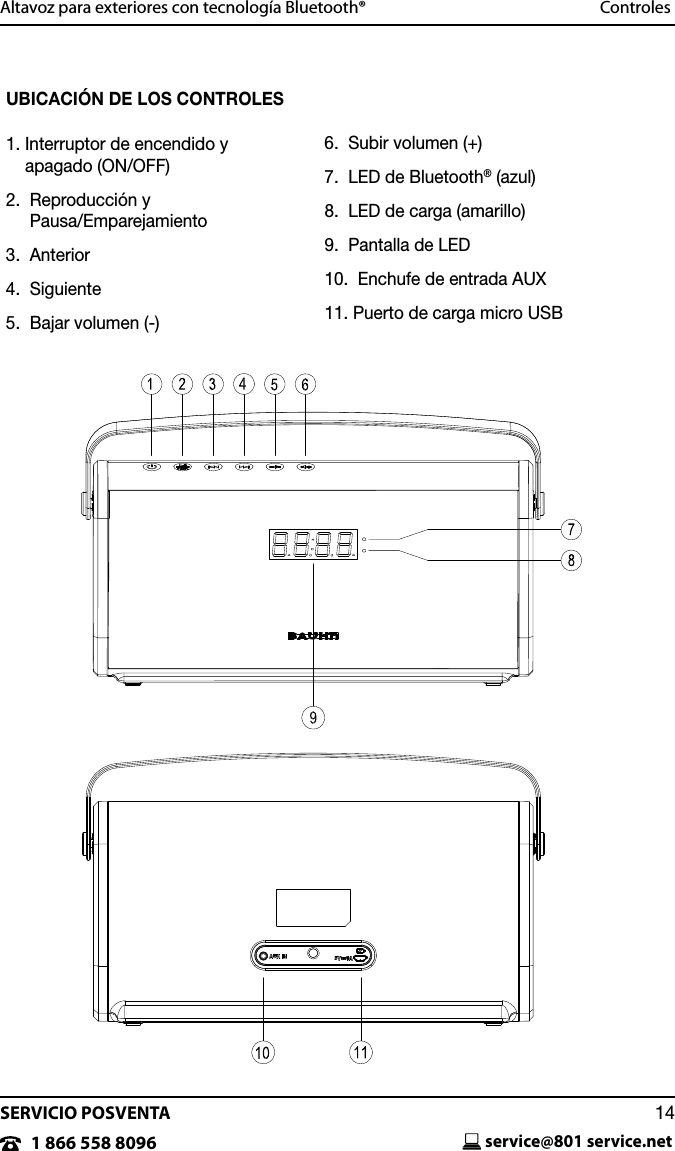 SERVICIO POSVENTAservice@801 service.net141 866 558 8096Altavoz para exteriores con tecnolog&iacute;a Bluetooth&reg;  ControlesUBICACI&Oacute;N DE LOS CONTROLES1.  Interruptor de encendido y  apagado (ON/OFF)2.   Reproducci&oacute;n y  Pausa/Emparejamiento3.  Anterior4.  Siguiente5.  Bajar volumen (-)6.  Subir volumen (+)7.  LED de Bluetooth&reg; (azul)8.  LED de carga (amarillo)9.  Pantalla de LED10.  Enchufe de entrada AUX11. Puerto de carga micro USB