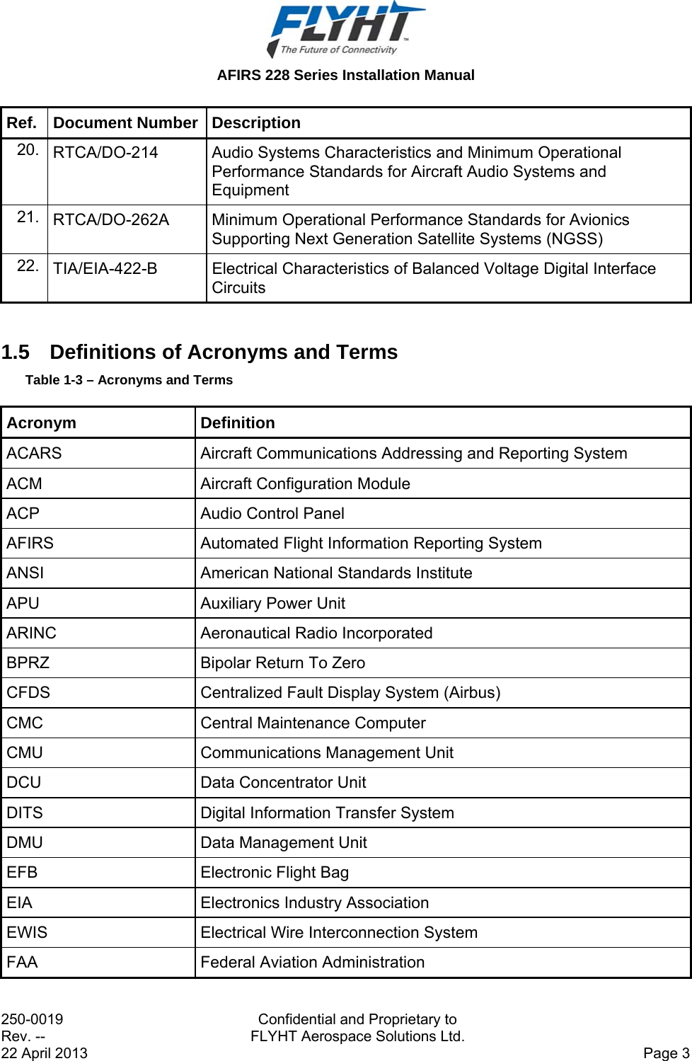 AFIRS 228 Series Installation Manual 250-0019  Confidential and Proprietary to Rev. --  FLYHT Aerospace Solutions Ltd. 22 April 2013    Page 3 Ref. Document Number Description 20.  RTCA/DO-214  Audio Systems Characteristics and Minimum Operational Performance Standards for Aircraft Audio Systems and Equipment 21.  RTCA/DO-262A  Minimum Operational Performance Standards for Avionics Supporting Next Generation Satellite Systems (NGSS) 22.  TIA/EIA-422-B  Electrical Characteristics of Balanced Voltage Digital Interface Circuits  1.5  Definitions of Acronyms and Terms Table 1-3 – Acronyms and Terms Acronym Definition ACARS  Aircraft Communications Addressing and Reporting System ACM  Aircraft Configuration Module ACP  Audio Control Panel AFIRS  Automated Flight Information Reporting System ANSI  American National Standards Institute APU  Auxiliary Power Unit ARINC  Aeronautical Radio Incorporated BPRZ  Bipolar Return To Zero CFDS  Centralized Fault Display System (Airbus) CMC  Central Maintenance Computer CMU  Communications Management Unit DCU  Data Concentrator Unit DITS  Digital Information Transfer System DMU  Data Management Unit EFB  Electronic Flight Bag EIA Electronics Industry Association EWIS  Electrical Wire Interconnection System FAA  Federal Aviation Administration 