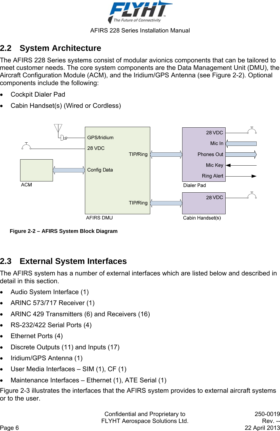 AFIRS 228 Series Installation Manual   Confidential and Proprietary to  250-0019   FLYHT Aerospace Solutions Ltd.  Rev. -- Page 6    22 April 2013 2.2 System Architecture The AFIRS 228 Series systems consist of modular avionics components that can be tailored to meet customer needs. The core system components are the Data Management Unit (DMU), the Aircraft Configuration Module (ACM), and the Iridium/GPS Antenna (see Figure 2-2). Optional components include the following:   Cockpit Dialer Pad   Cabin Handset(s) (Wired or Cordless)   Figure 2-2 – AFIRS System Block Diagram  2.3  External System Interfaces The AFIRS system has a number of external interfaces which are listed below and described in detail in this section.    Audio System Interface (1)   ARINC 573/717 Receiver (1)   ARINC 429 Transmitters (6) and Receivers (16)   RS-232/422 Serial Ports (4)   Ethernet Ports (4)   Discrete Outputs (11) and Inputs (17)   Iridium/GPS Antenna (1)   User Media Interfaces – SIM (1), CF (1)   Maintenance Interfaces – Ethernet (1), ATE Serial (1) Figure 2-3 illustrates the interfaces that the AFIRS system provides to external aircraft systems or to the user.  