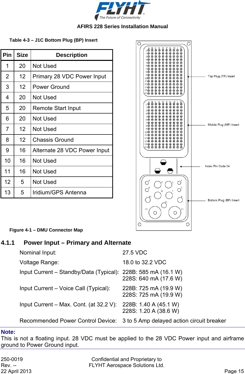  AFIRS 228 Series Installation Manual 250-0019  Confidential and Proprietary to Rev. --  FLYHT Aerospace Solutions Ltd. 22 April 2013    Page 15 Table 4-3 – J1C Bottom Plug (BP) Insert Pin Size  Description 1 20 Not Used 2  12  Primary 28 VDC Power Input 3 12 Power Ground 4 20 Not Used 5  20  Remote Start Input 6 20 Not Used 7 12 Not Used 8 12 Chassis Ground 9  16  Alternate 28 VDC Power Input10 16 Not Used 11 16 Not Used 12 5 Not Used 13 5 Iridium/GPS Antenna    Figure 4-1 – DMU Connector Map 4.1.1  Power Input – Primary and Alternate Nominal Input:  27.5 VDC Voltage Range:  18.0 to 32.2 VDC Input Current – Standby/Data (Typical):  228B: 585 mA (16.1 W) 228S: 640 mA (17.6 W) Input Current – Voice Call (Typical):  228B: 725 mA (19.9 W) 228S: 725 mA (19.9 W) Input Current – Max. Cont. (at 32.2 V):  228B: 1.40 A (45.1 W) 228S: 1.20 A (38.6 W) Recommended Power Control Device:  3 to 5 Amp delayed action circuit breaker Note:  This is not a floating input. 28 VDC must be applied to the 28 VDC Power input and airframe ground to Power Ground input. 