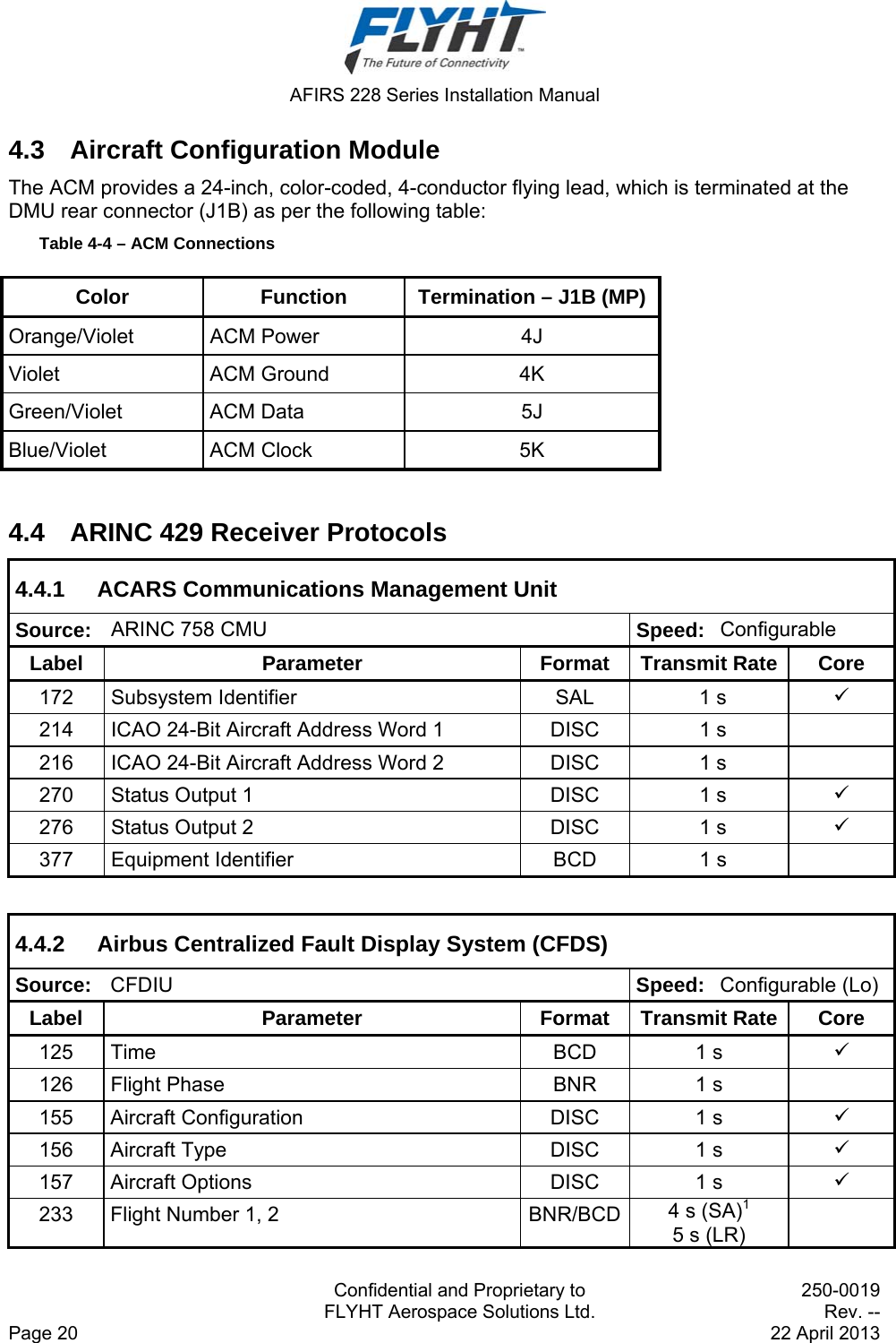  AFIRS 228 Series Installation Manual   Confidential and Proprietary to  250-0019   FLYHT Aerospace Solutions Ltd.  Rev. -- Page 20    22 April 2013 4.3 Aircraft Configuration Module The ACM provides a 24-inch, color-coded, 4-conductor flying lead, which is terminated at the DMU rear connector (J1B) as per the following table: Table 4-4 – ACM Connections Color  Function  Termination – J1B (MP) Orange/Violet ACM Power  4J Violet ACM Ground  4K Green/Violet ACM Data  5J Blue/Violet ACM Clock  5K  4.4  ARINC 429 Receiver Protocols 4.4.1  ACARS Communications Management Unit Source:  ARINC 758 CMU  Speed: Configurable Label Parameter Format Transmit Rate Core 172  Subsystem Identifier  SAL  1 s   214  ICAO 24-Bit Aircraft Address Word 1  DISC  1 s   216  ICAO 24-Bit Aircraft Address Word 2  DISC  1 s   270  Status Output 1  DISC  1 s   276  Status Output 2  DISC  1 s   377  Equipment Identifier  BCD  1 s    4.4.2  Airbus Centralized Fault Display System (CFDS) Source:  CFDIU  Speed: Configurable (Lo) Label Parameter Format Transmit Rate Core 125 Time  BCD  1 s   126  Flight Phase  BNR  1 s   155  Aircraft Configuration  DISC  1 s   156  Aircraft Type  DISC  1 s   157  Aircraft Options  DISC  1 s   233  Flight Number 1, 2  BNR/BCD 4 s (SA)1 5 s (LR)  