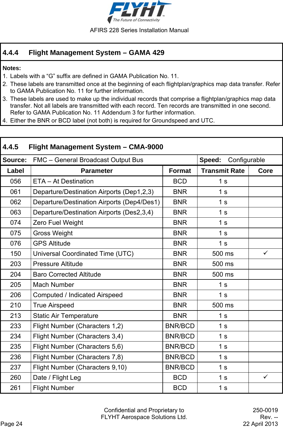 AFIRS 228 Series Installation Manual   Confidential and Proprietary to  250-0019   FLYHT Aerospace Solutions Ltd.  Rev. -- Page 24    22 April 2013 4.4.4  Flight Management System – GAMA 429 Notes: 1.  Labels with a “G” suffix are defined in GAMA Publication No. 11. 2.  These labels are transmitted once at the beginning of each flightplan/graphics map data transfer. Refer to GAMA Publication No. 11 for further information. 3.  These labels are used to make up the individual records that comprise a flightplan/graphics map data transfer. Not all labels are transmitted with each record. Ten records are transmitted in one second. Refer to GAMA Publication No. 11 Addendum 3 for further information. 4.  Either the BNR or BCD label (not both) is required for Groundspeed and UTC.  4.4.5 Flight Management System – CMA-9000 Source:  FMC – General Broadcast Output Bus  Speed:  Configurable Label Parameter Format Transmit Rate Core 056  ETA – At Destination  BCD  1 s   061  Departure/Destination Airports (Dep1,2,3)  BNR  1 s   062  Departure/Destination Airports (Dep4/Des1) BNR  1 s   063  Departure/Destination Airports (Des2,3,4)  BNR  1 s   074  Zero Fuel Weight  BNR  1 s   075  Gross Weight  BNR  1 s   076  GPS Altitude  BNR  1 s   150  Universal Coordinated Time (UTC)  BNR  500 ms   203  Pressure Altitude  BNR  500 ms   204  Baro Corrected Altitude  BNR  500 ms   205  Mach Number  BNR  1 s   206  Computed / Indicated Airspeed  BNR  1 s   210  True Airspeed  BNR  500 ms   213  Static Air Temperature  BNR  1 s   233  Flight Number (Characters 1,2)  BNR/BCD 1 s   234  Flight Number (Characters 3,4)  BNR/BCD 1 s   235  Flight Number (Characters 5,6)  BNR/BCD 1 s   236  Flight Number (Characters 7,8)  BNR/BCD 1 s   237  Flight Number (Characters 9,10)  BNR/BCD 1 s   260  Date / Flight Leg  BCD  1 s   261  Flight Number  BCD  1 s   