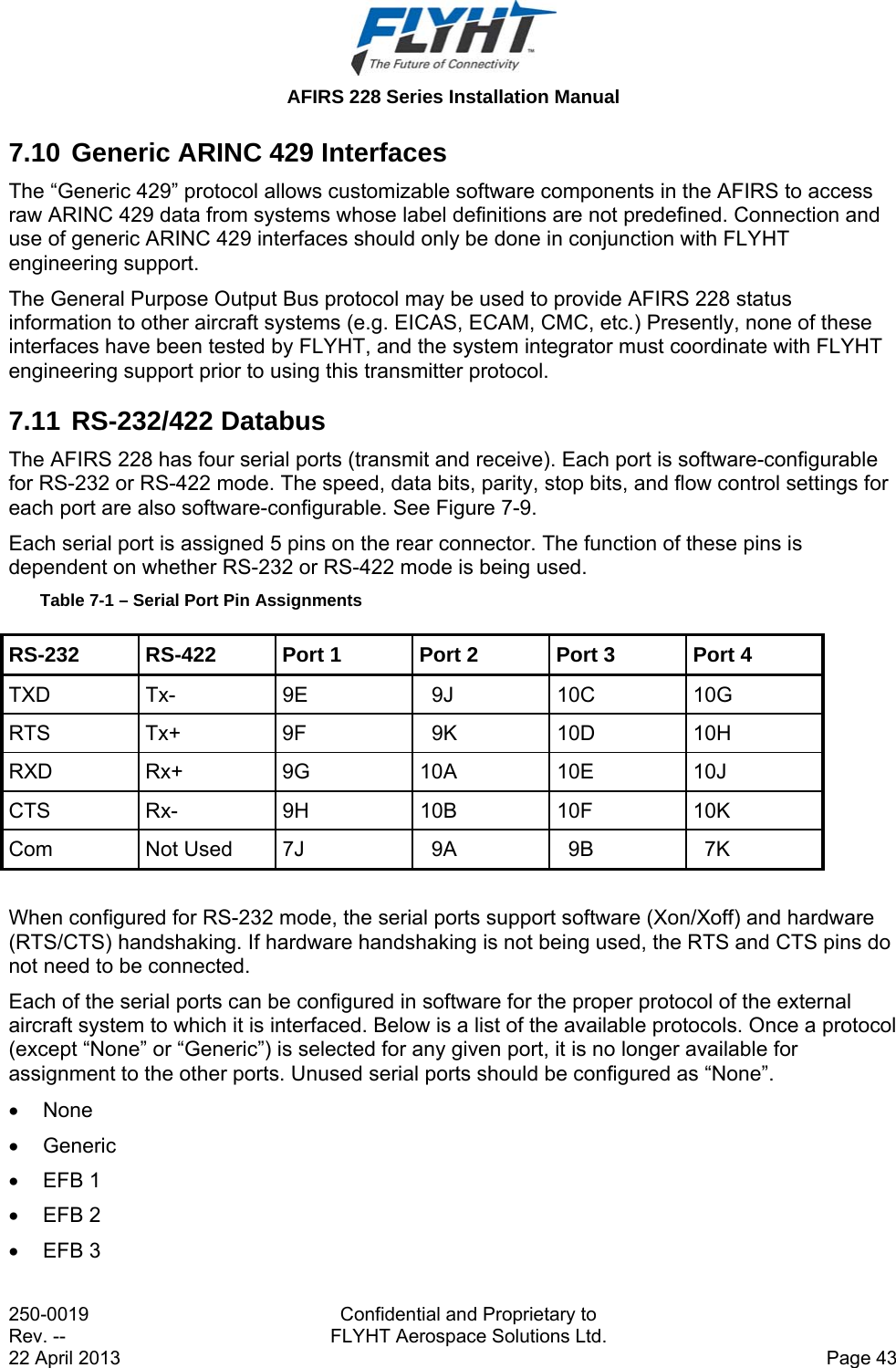  AFIRS 228 Series Installation Manual 250-0019  Confidential and Proprietary to Rev. --  FLYHT Aerospace Solutions Ltd. 22 April 2013    Page 43 7.10 Generic ARINC 429 Interfaces The “Generic 429” protocol allows customizable software components in the AFIRS to access raw ARINC 429 data from systems whose label definitions are not predefined. Connection and use of generic ARINC 429 interfaces should only be done in conjunction with FLYHT engineering support. The General Purpose Output Bus protocol may be used to provide AFIRS 228 status information to other aircraft systems (e.g. EICAS, ECAM, CMC, etc.) Presently, none of these interfaces have been tested by FLYHT, and the system integrator must coordinate with FLYHT engineering support prior to using this transmitter protocol. 7.11 RS-232/422 Databus The AFIRS 228 has four serial ports (transmit and receive). Each port is software-configurable for RS-232 or RS-422 mode. The speed, data bits, parity, stop bits, and flow control settings for each port are also software-configurable. See Figure 7-9. Each serial port is assigned 5 pins on the rear connector. The function of these pins is dependent on whether RS-232 or RS-422 mode is being used. Table 7-1 – Serial Port Pin Assignments RS-232  RS-422  Port 1  Port 2  Port 3  Port 4 TXD Tx-  9E  9J  10C  10G RTS Tx+  9F  9K  10D  10H RXD Rx+  9G  10A  10E  10J CTS Rx-  9H  10B  10F  10K Com Not Used 7J  9A  9B  7K  When configured for RS-232 mode, the serial ports support software (Xon/Xoff) and hardware (RTS/CTS) handshaking. If hardware handshaking is not being used, the RTS and CTS pins do not need to be connected. Each of the serial ports can be configured in software for the proper protocol of the external aircraft system to which it is interfaced. Below is a list of the available protocols. Once a protocol (except “None” or “Generic”) is selected for any given port, it is no longer available for assignment to the other ports. Unused serial ports should be configured as “None”.  None  Generic  EFB 1  EFB 2  EFB 3 